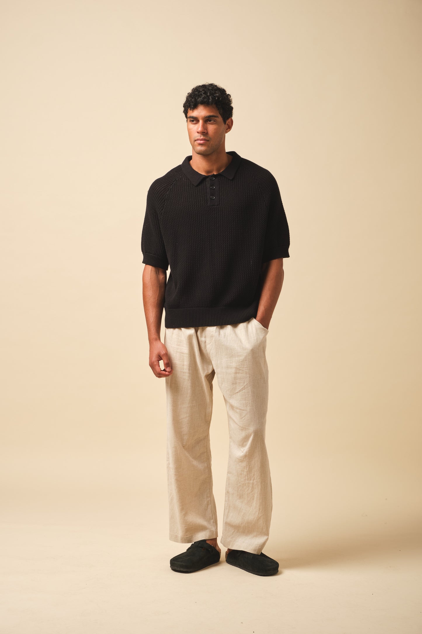 CROCHET KNIT POLO - BLACK
