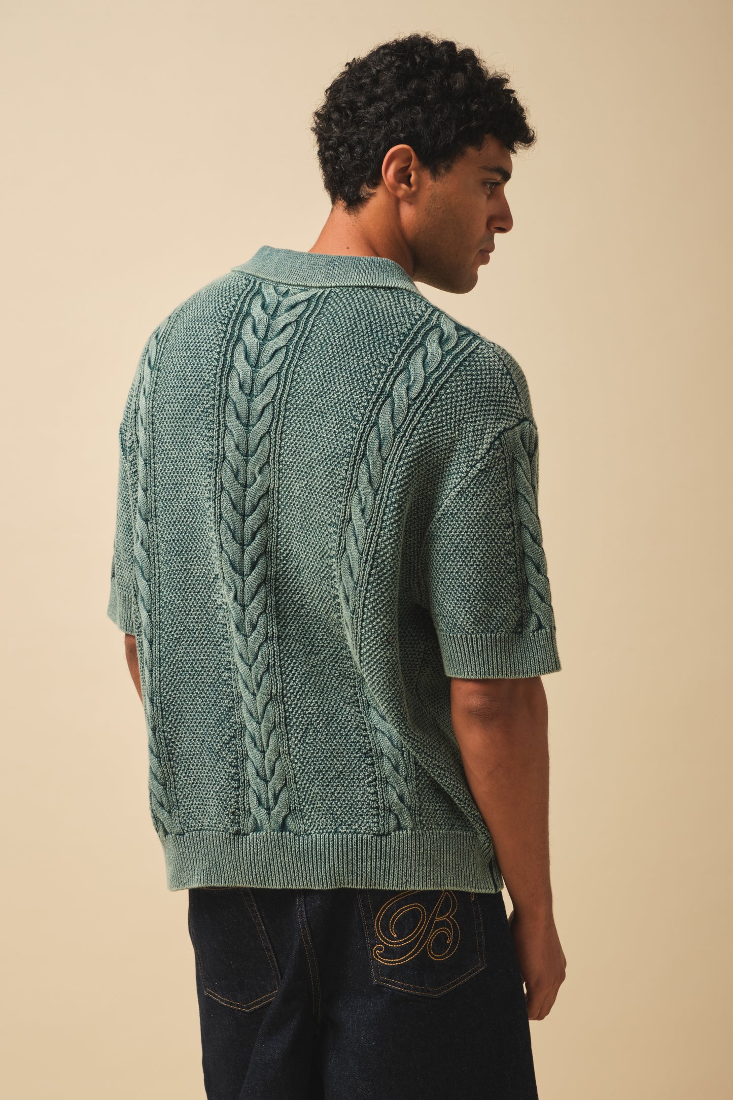 CABLE KNIT VINTAGE KNIT POLO - WASHED GREEN