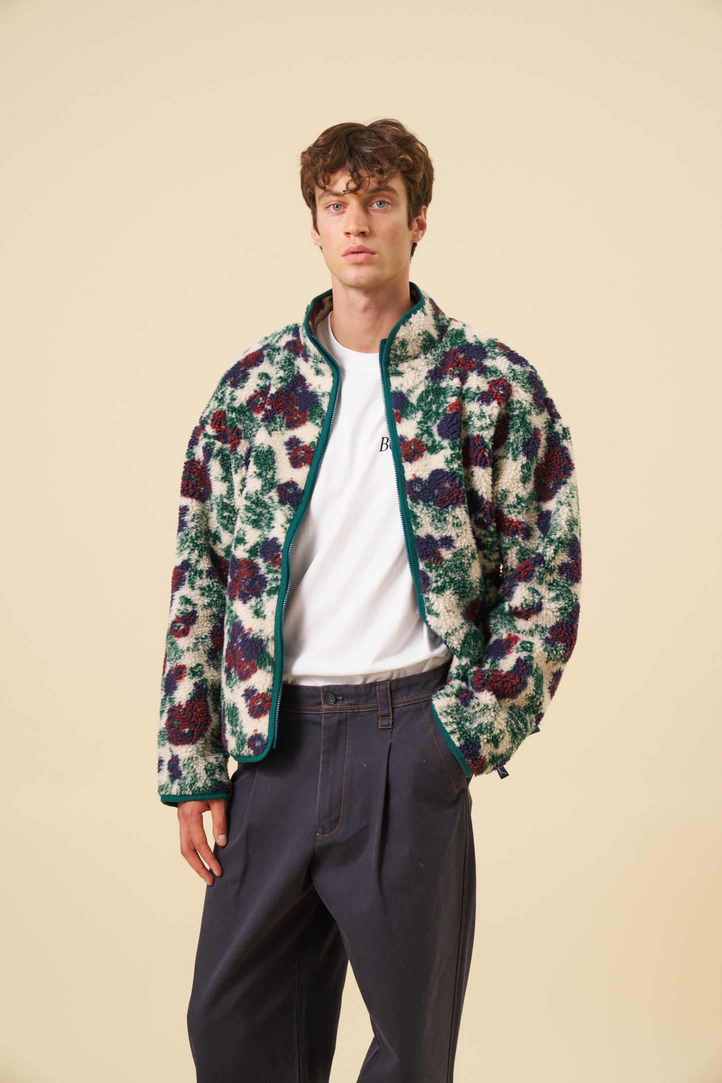 FLORAL FULL ZIP FLEECE - OFF WHITE