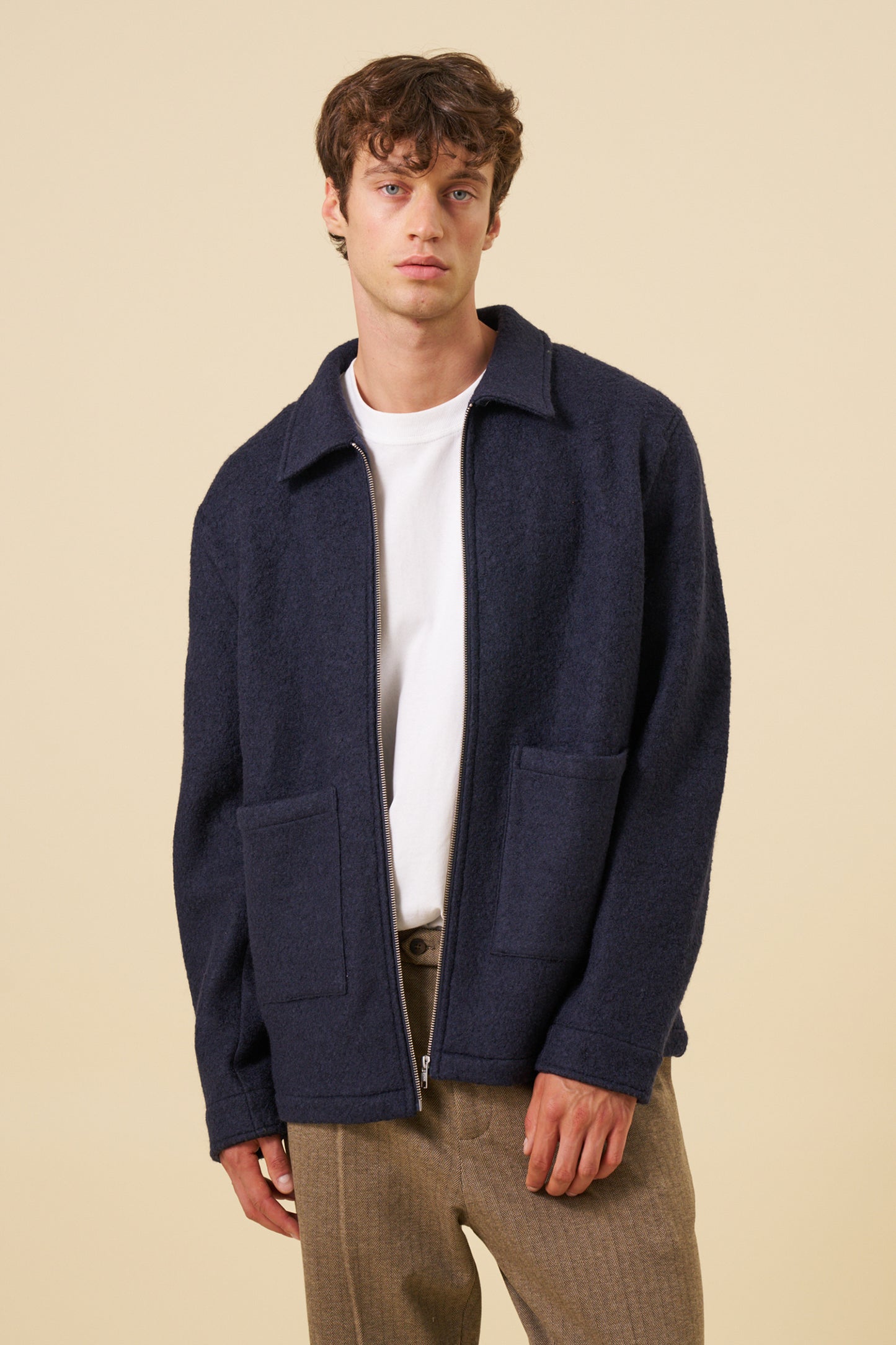 WOOL ZIP OVERSHIRT - NAVY