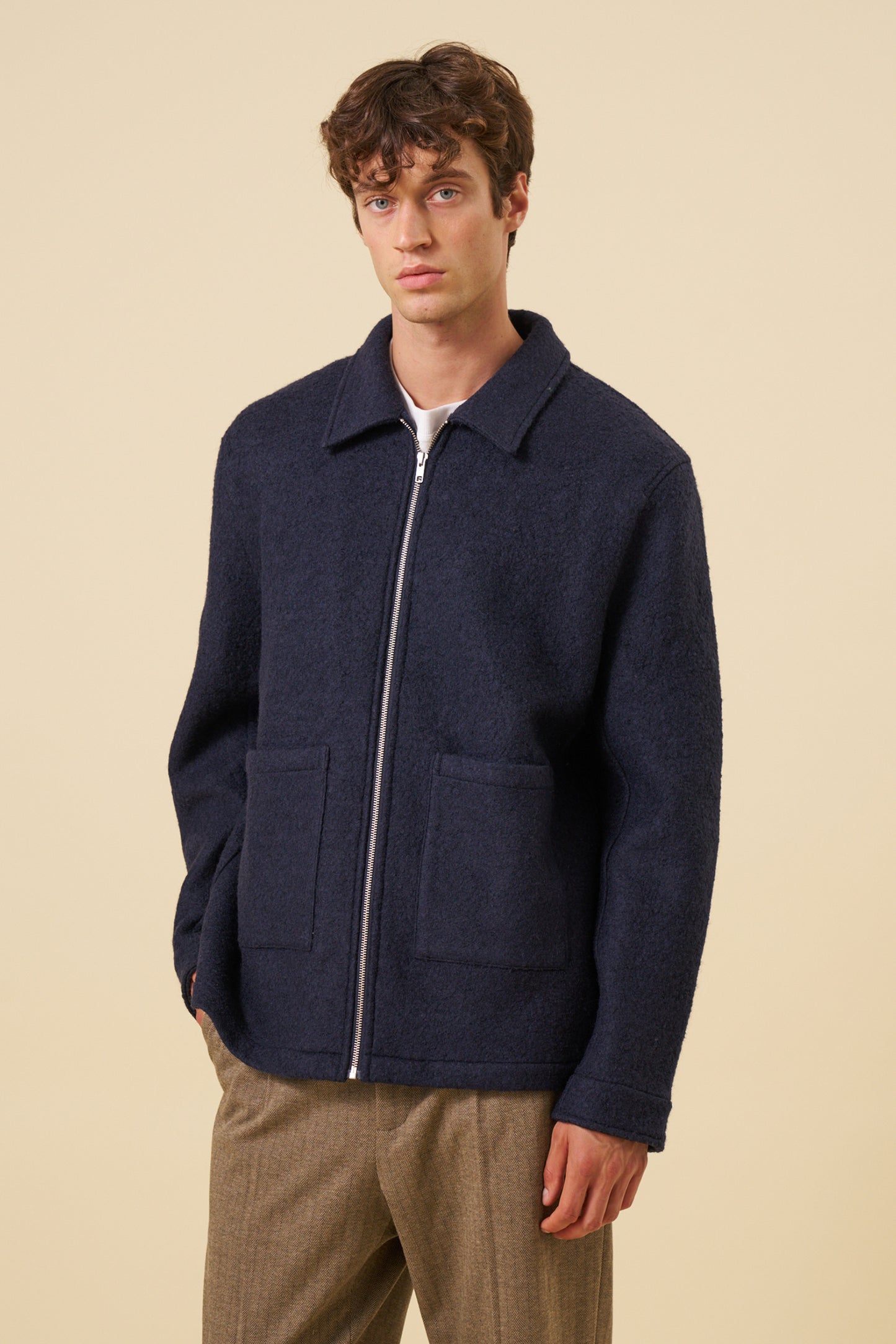 WOOL ZIP OVERSHIRT - NAVY