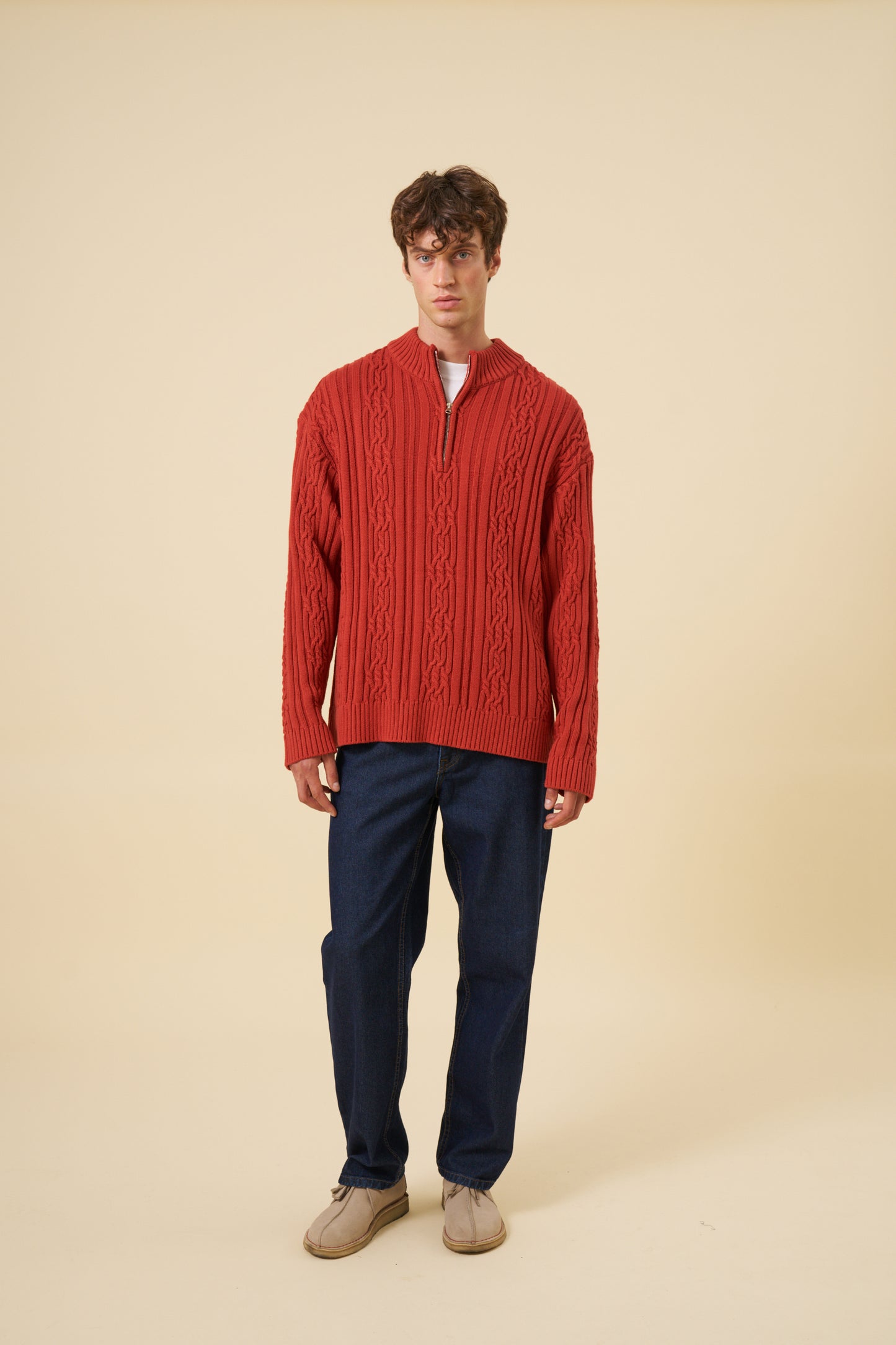 CABLE KNIT HALF ZIP PULLOVER - RUST RED