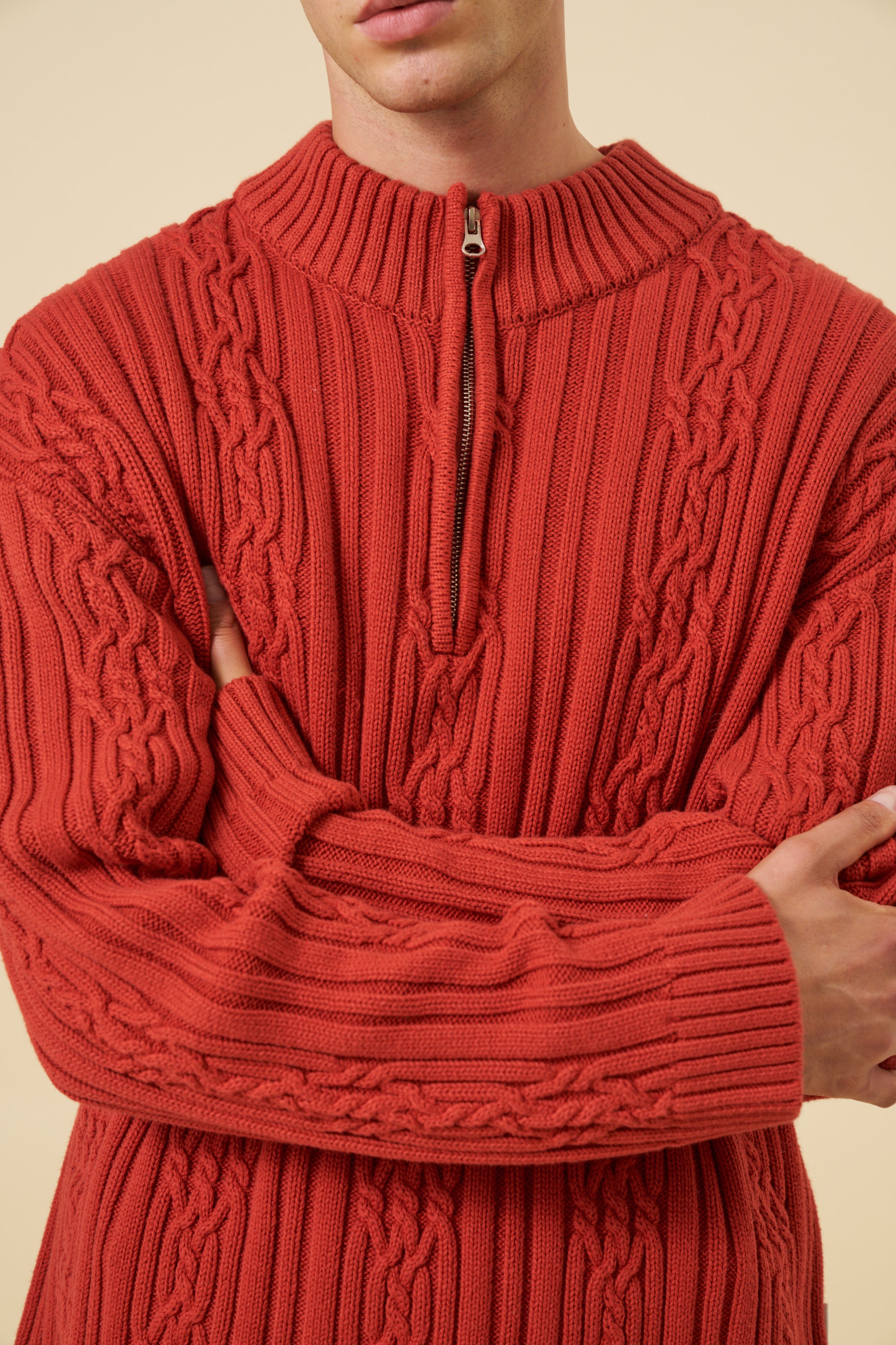 CABLE KNIT HALF ZIP PULLOVER - RUST RED – bound