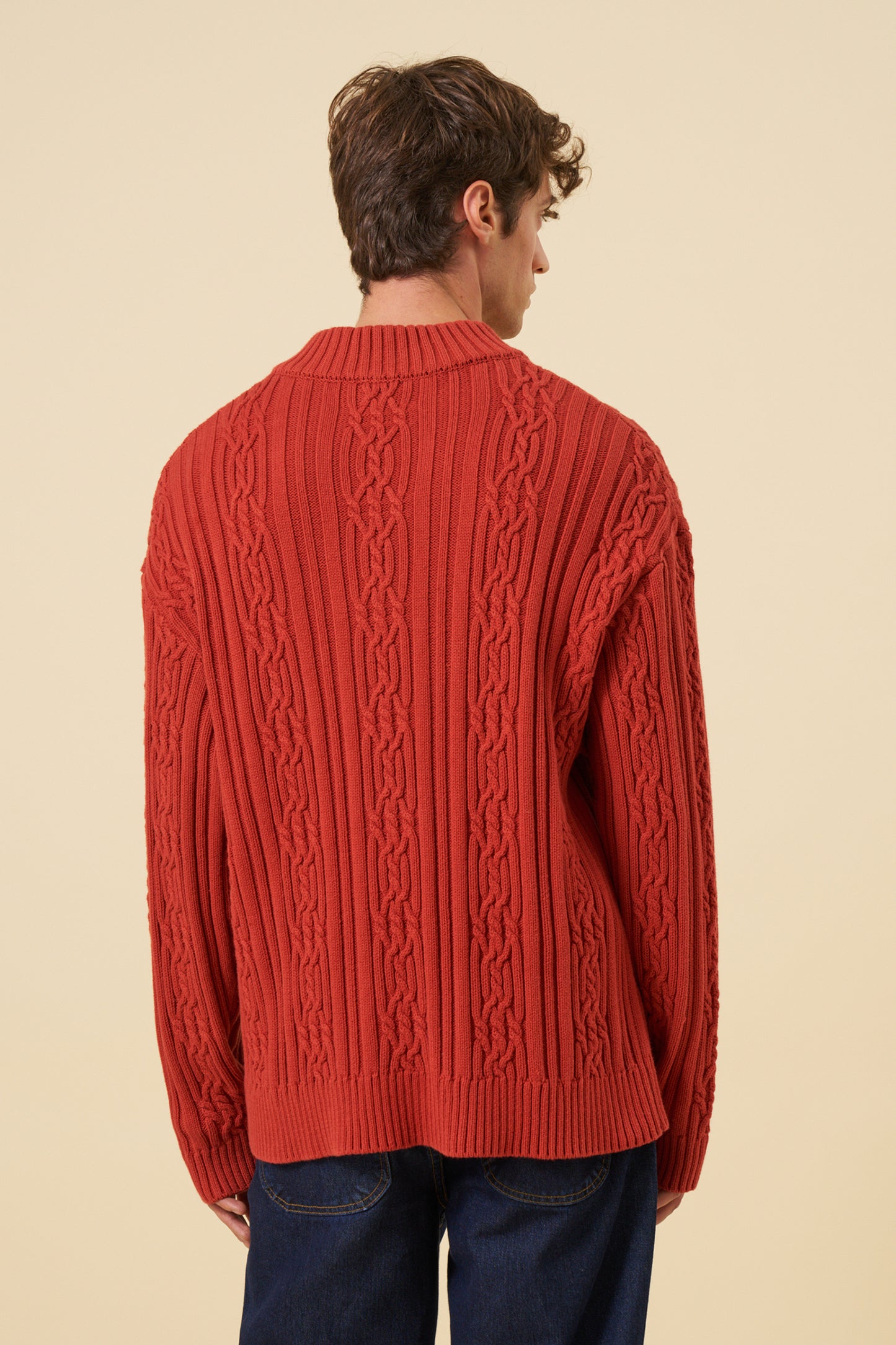 CABLE KNIT HALF ZIP PULLOVER - RUST RED