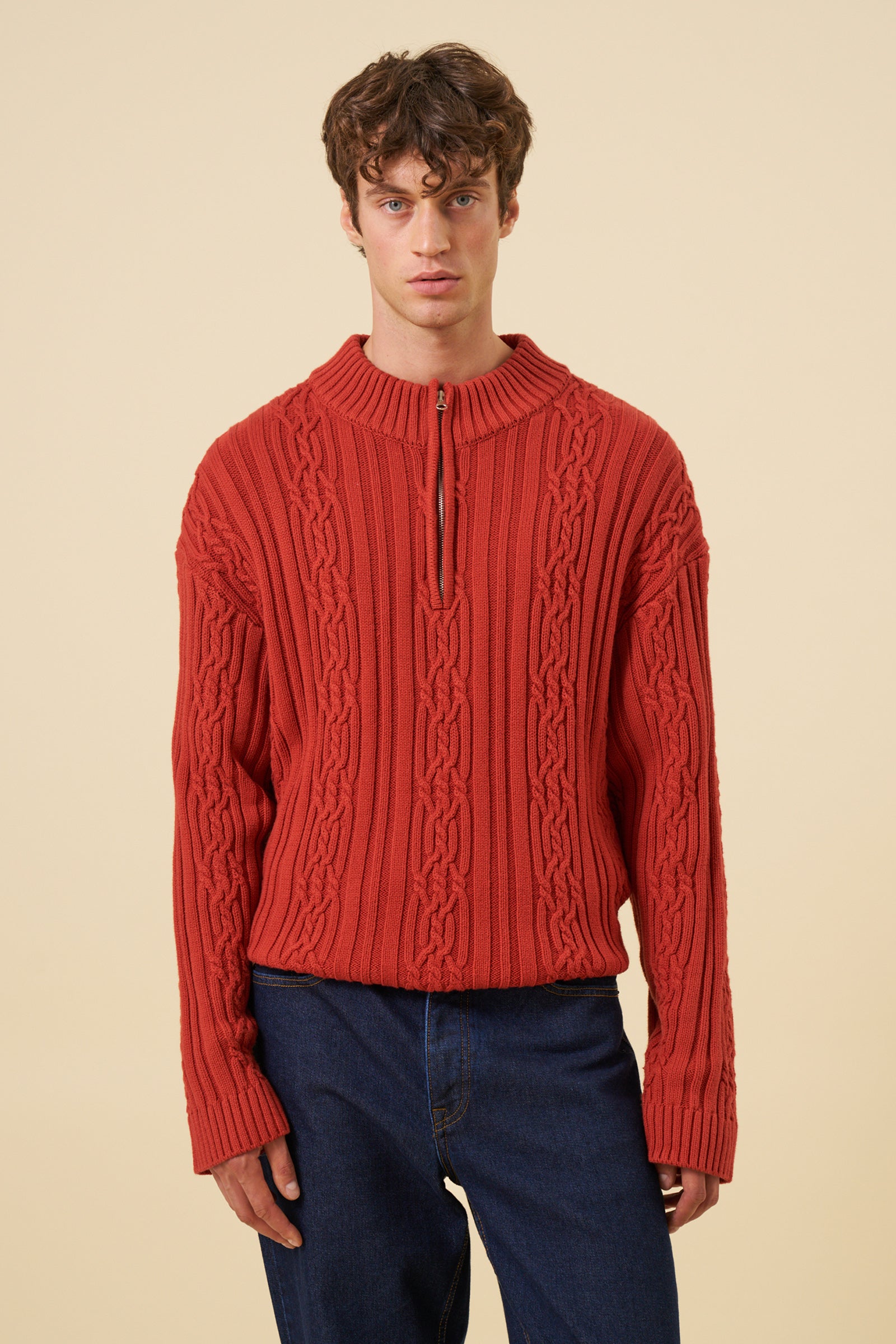 【新品】RosyMonster cable zip knit CABLE KNIT HALF ZIP PULLOVER - RUST RED – bound