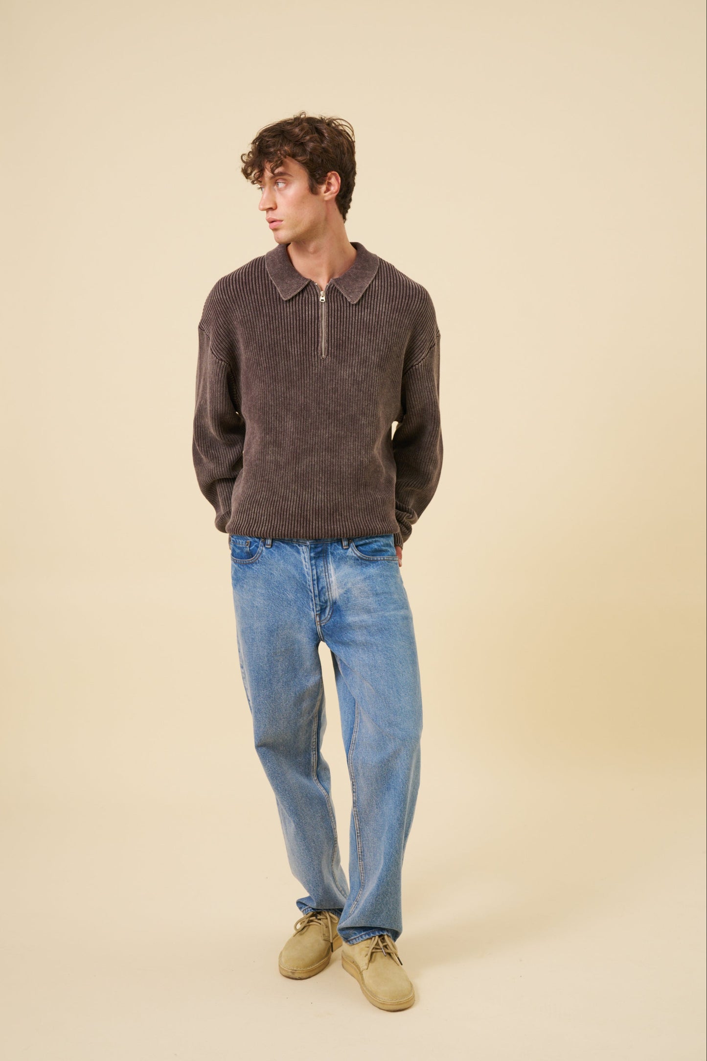 ACID WASH HALF ZIP PULLOVER - BROWN