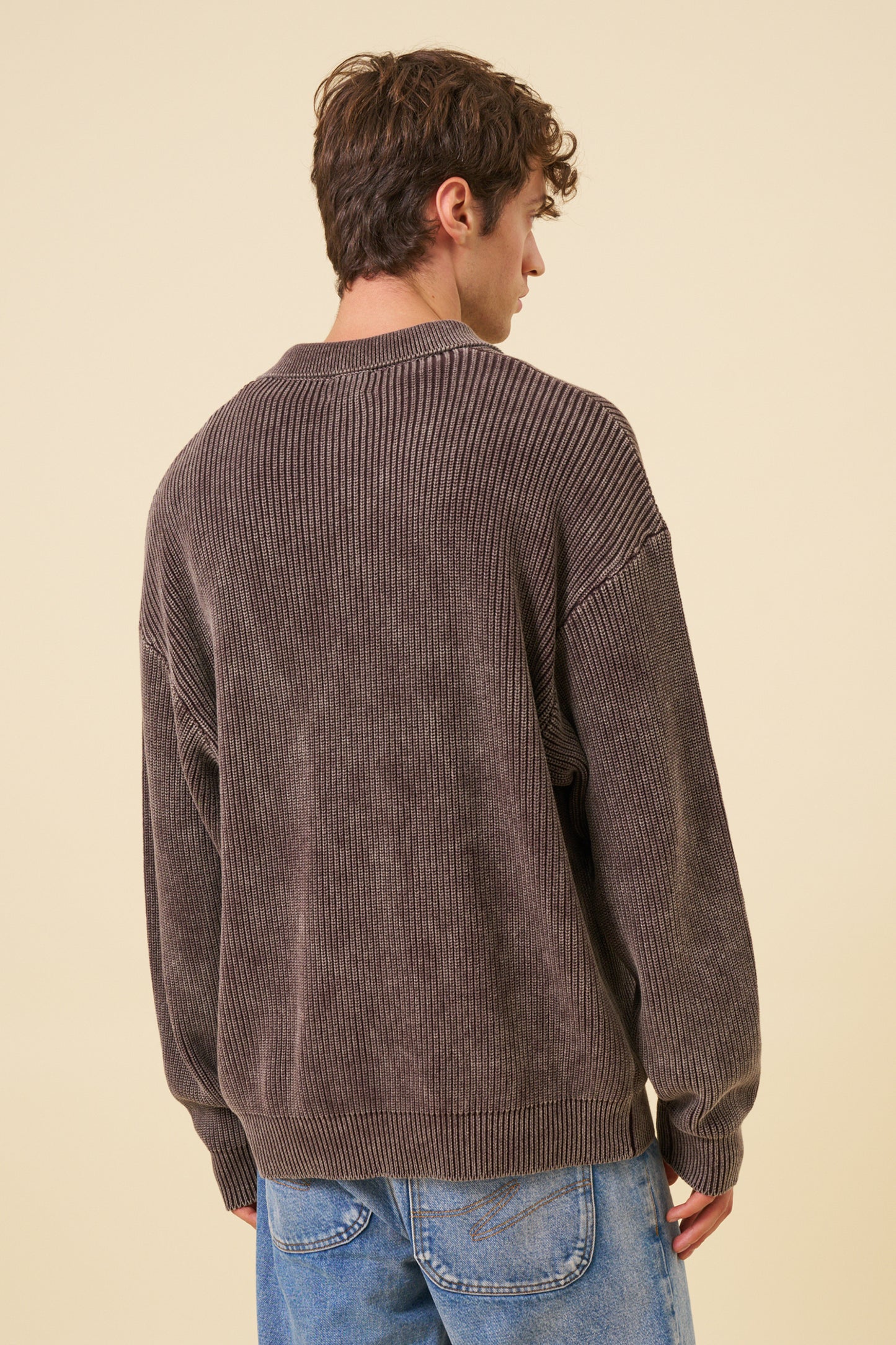 ACID WASH HALF ZIP PULLOVER - BROWN