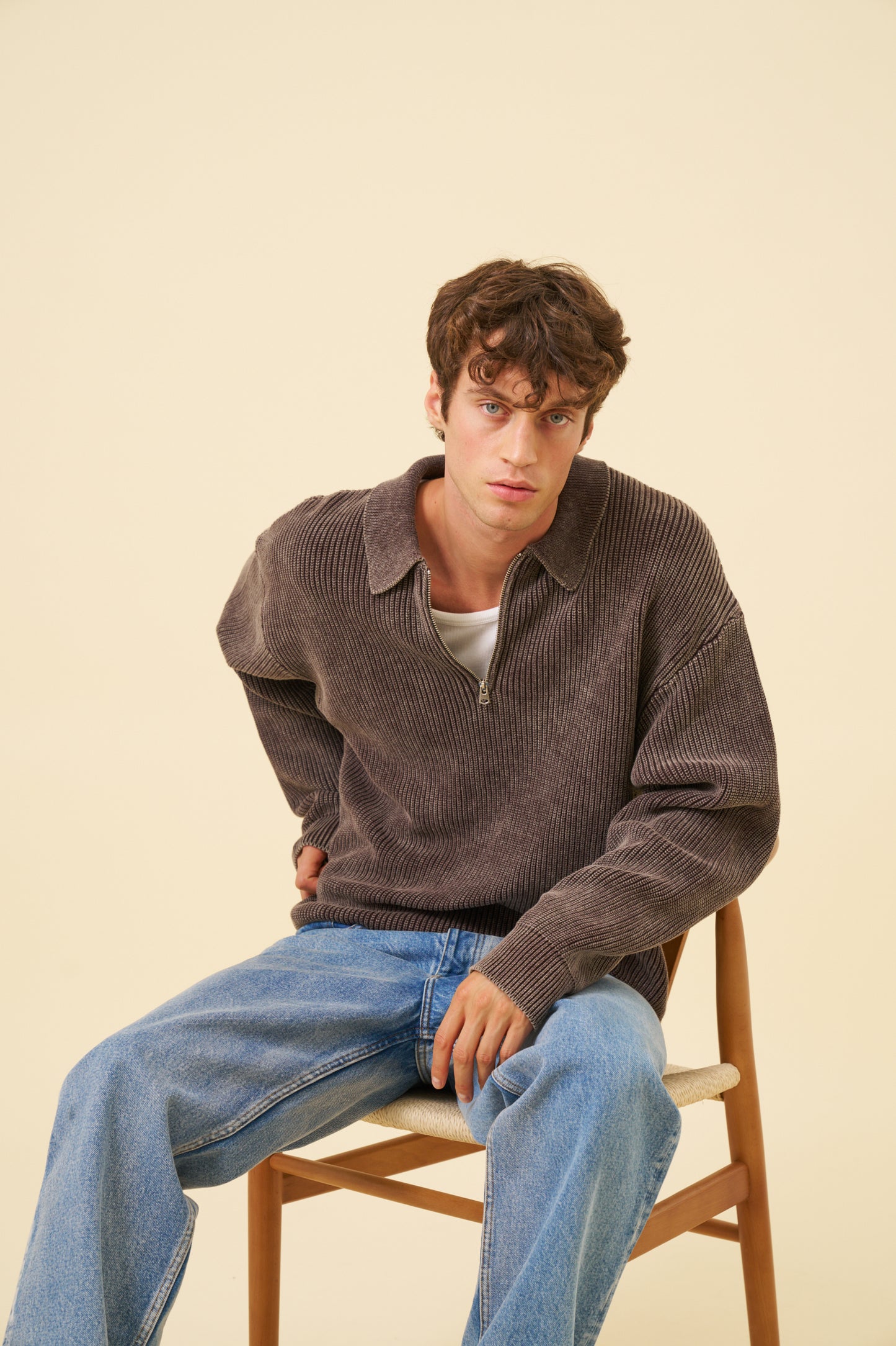 ACID WASH HALF ZIP PULLOVER - BROWN