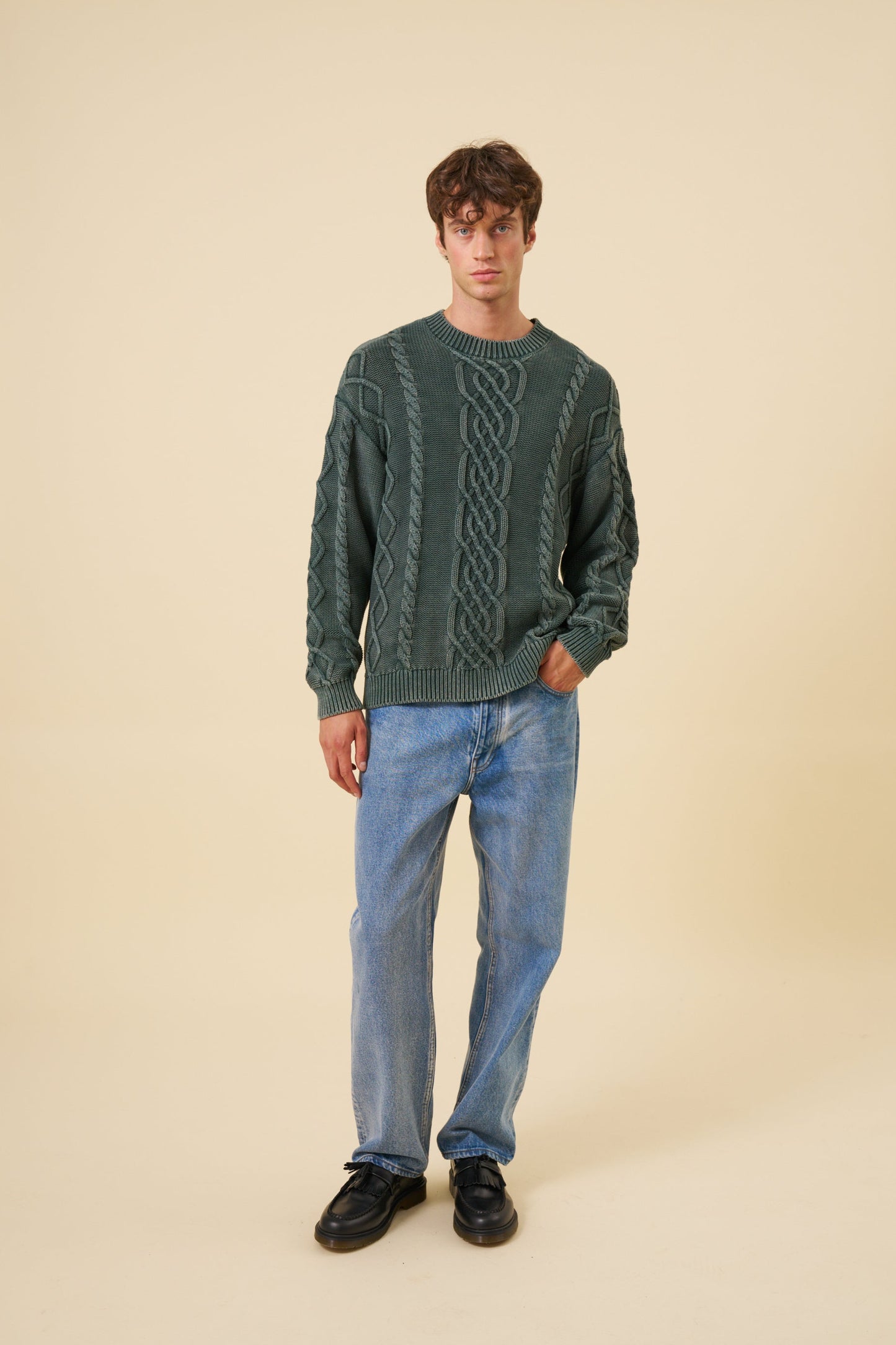 CABLE KNIT ACID WASH KNIT - GREEN