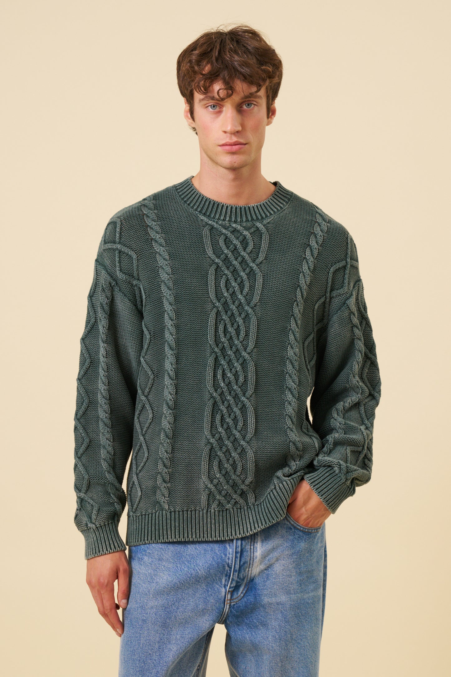 CABLE KNIT ACID WASH KNIT - GREEN