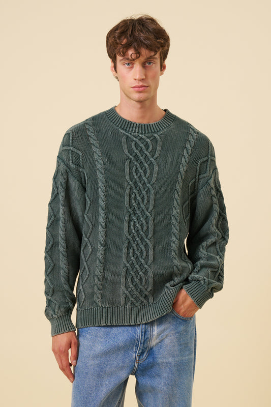 CABLE KNIT ACID WASH KNIT - GREEN