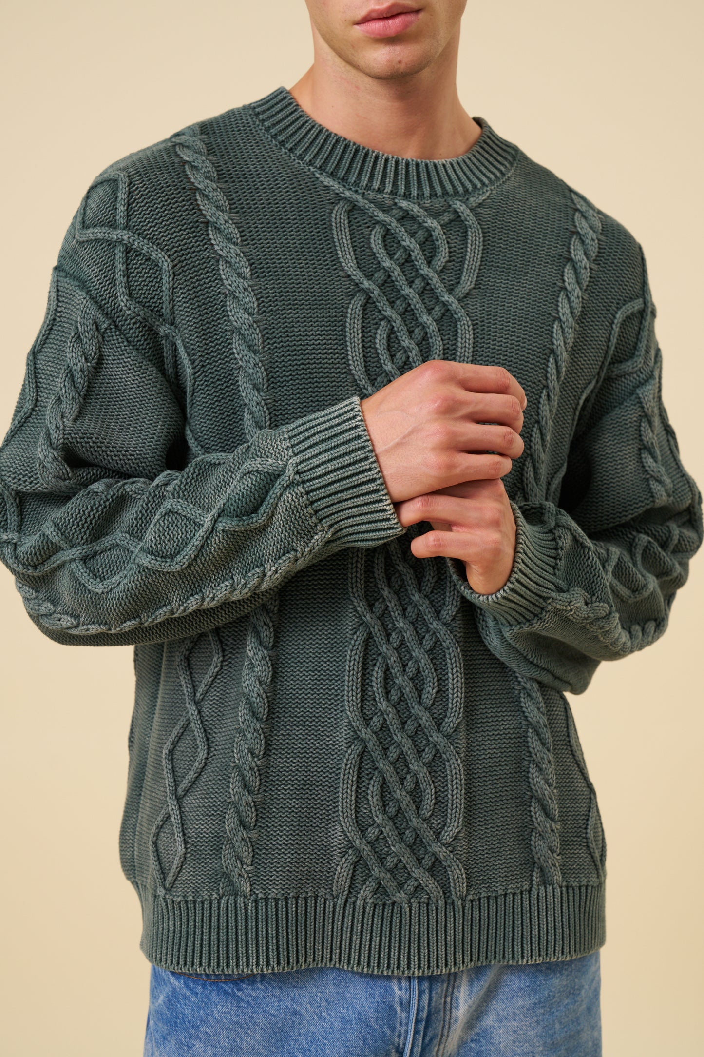 CABLE KNIT ACID WASH KNIT - GREEN