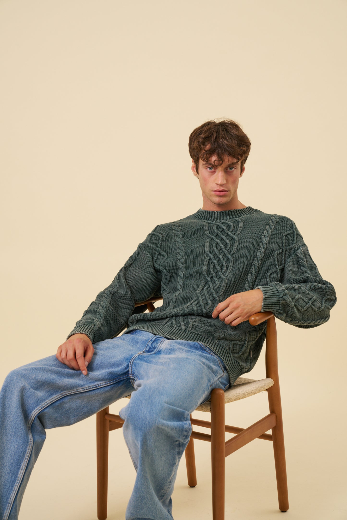 CABLE KNIT ACID WASH KNIT - GREEN