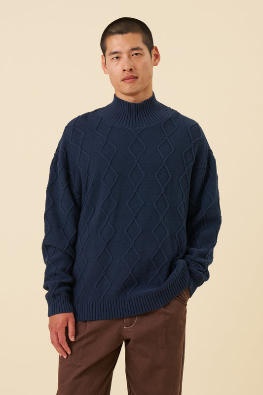 DIAMOND CABLE MOCK NECK KNIT - NAVY