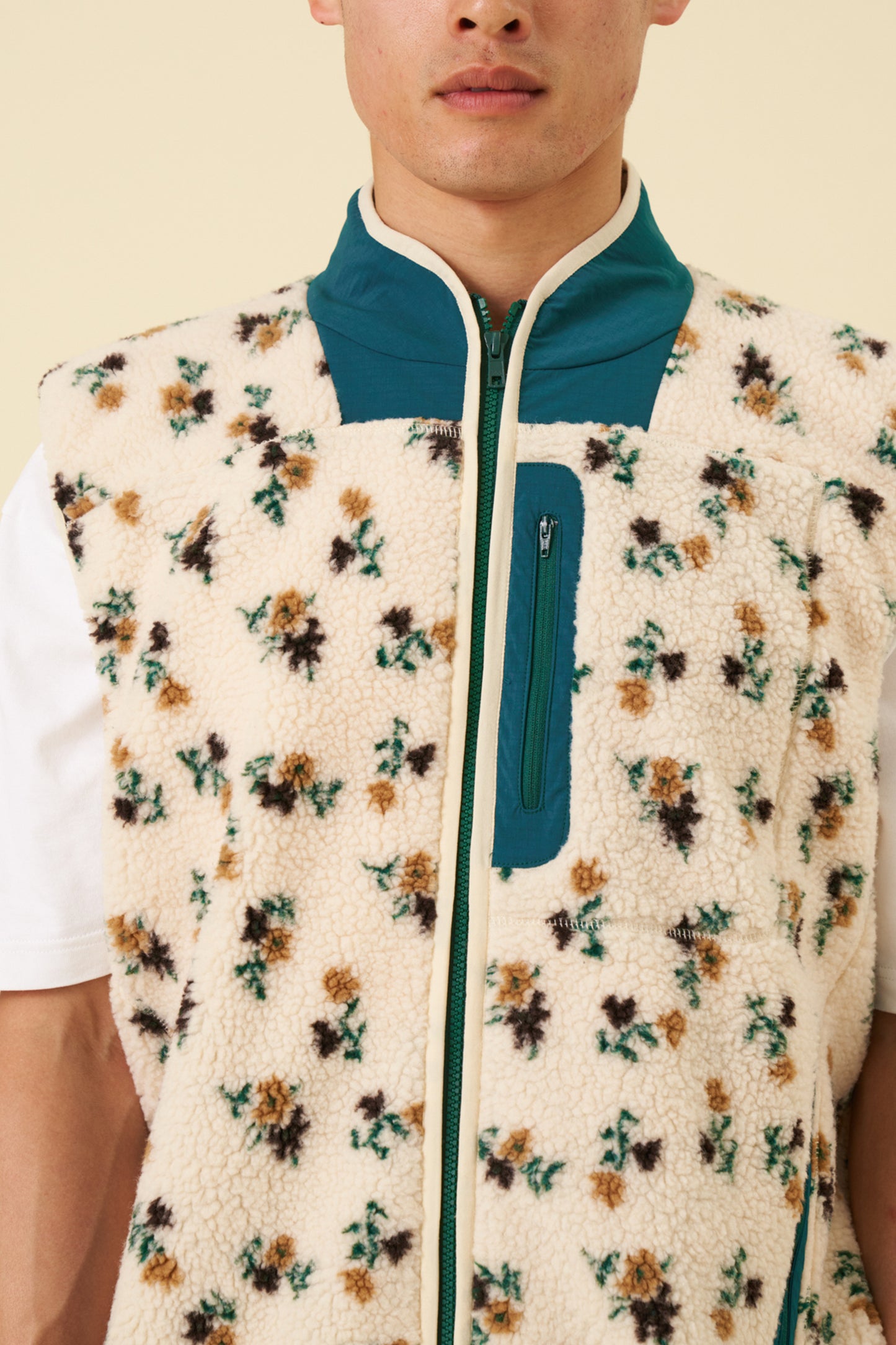 FLORAL ZIP GILET FLEECE - ECRU