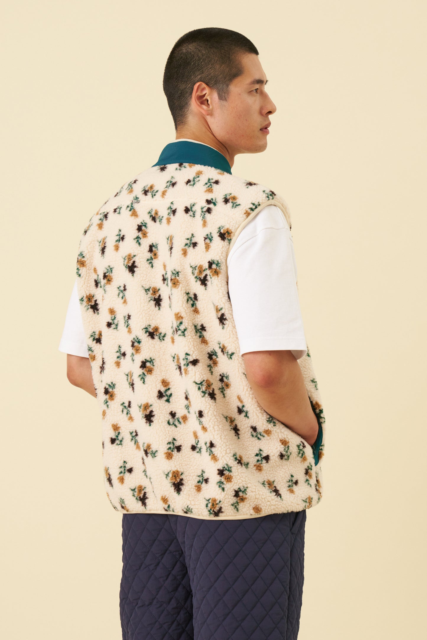 FLORAL ZIP GILET FLEECE - ECRU