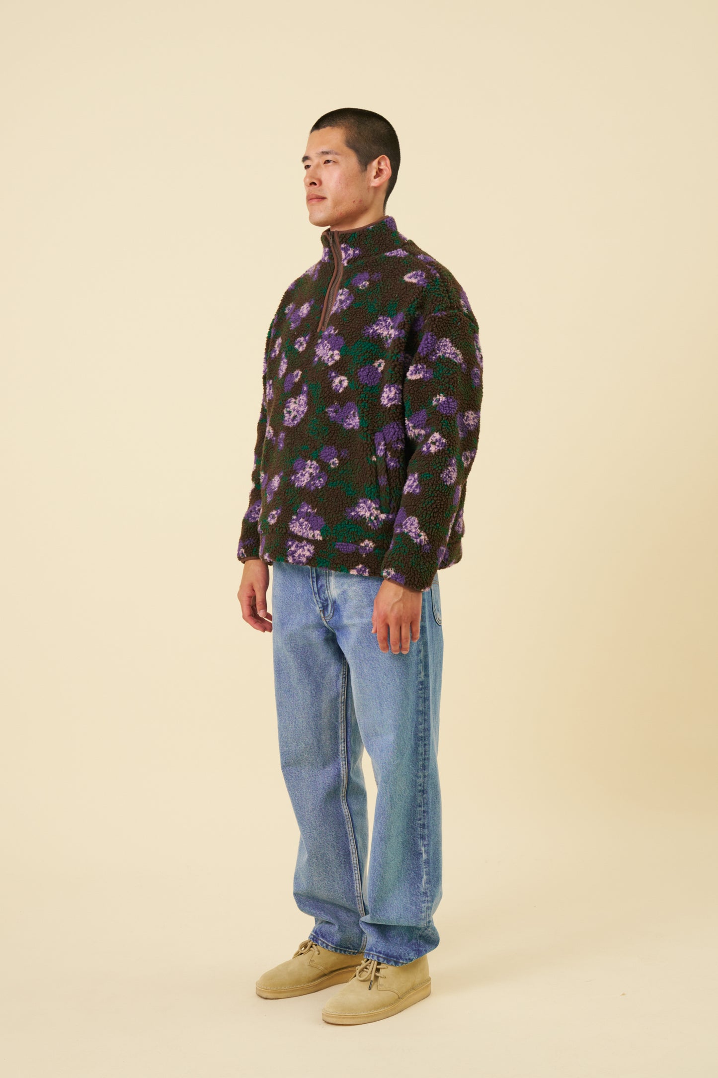 FLORAL HALF ZIP FLEECE - BROWN