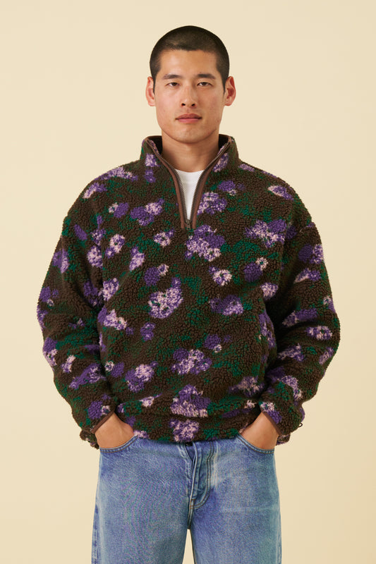 FLORAL HALF ZIP FLEECE - BROWN