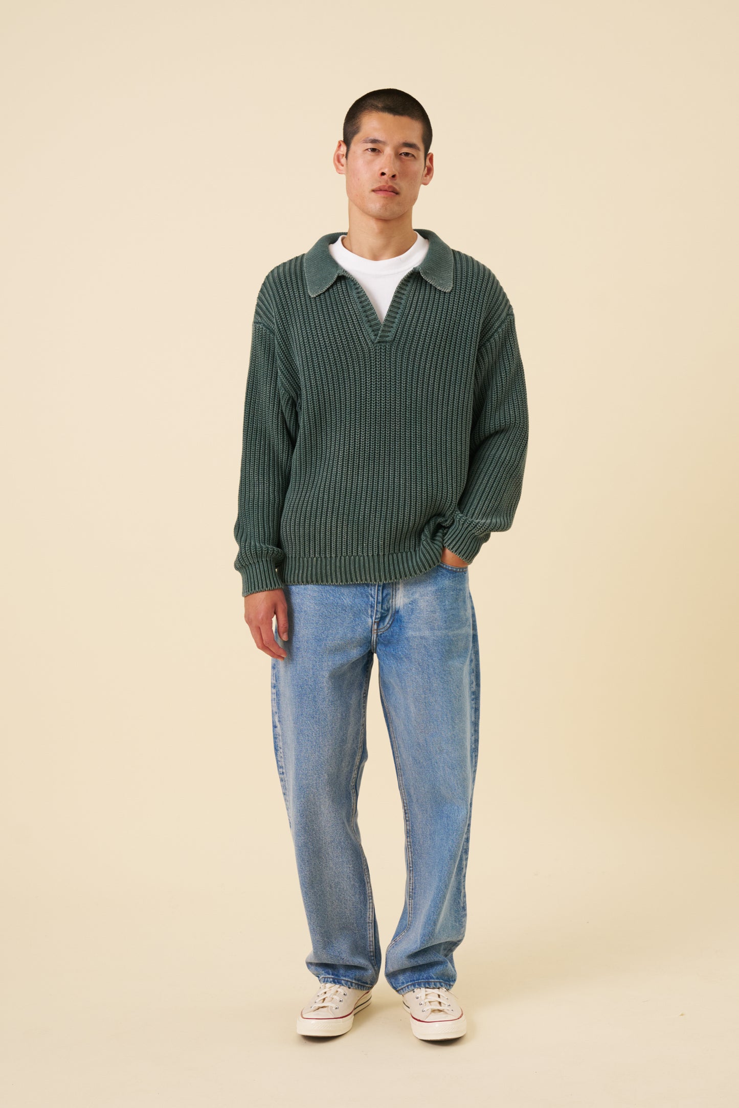 OPEN COLLAR ACID WASH KNIT - GREEN