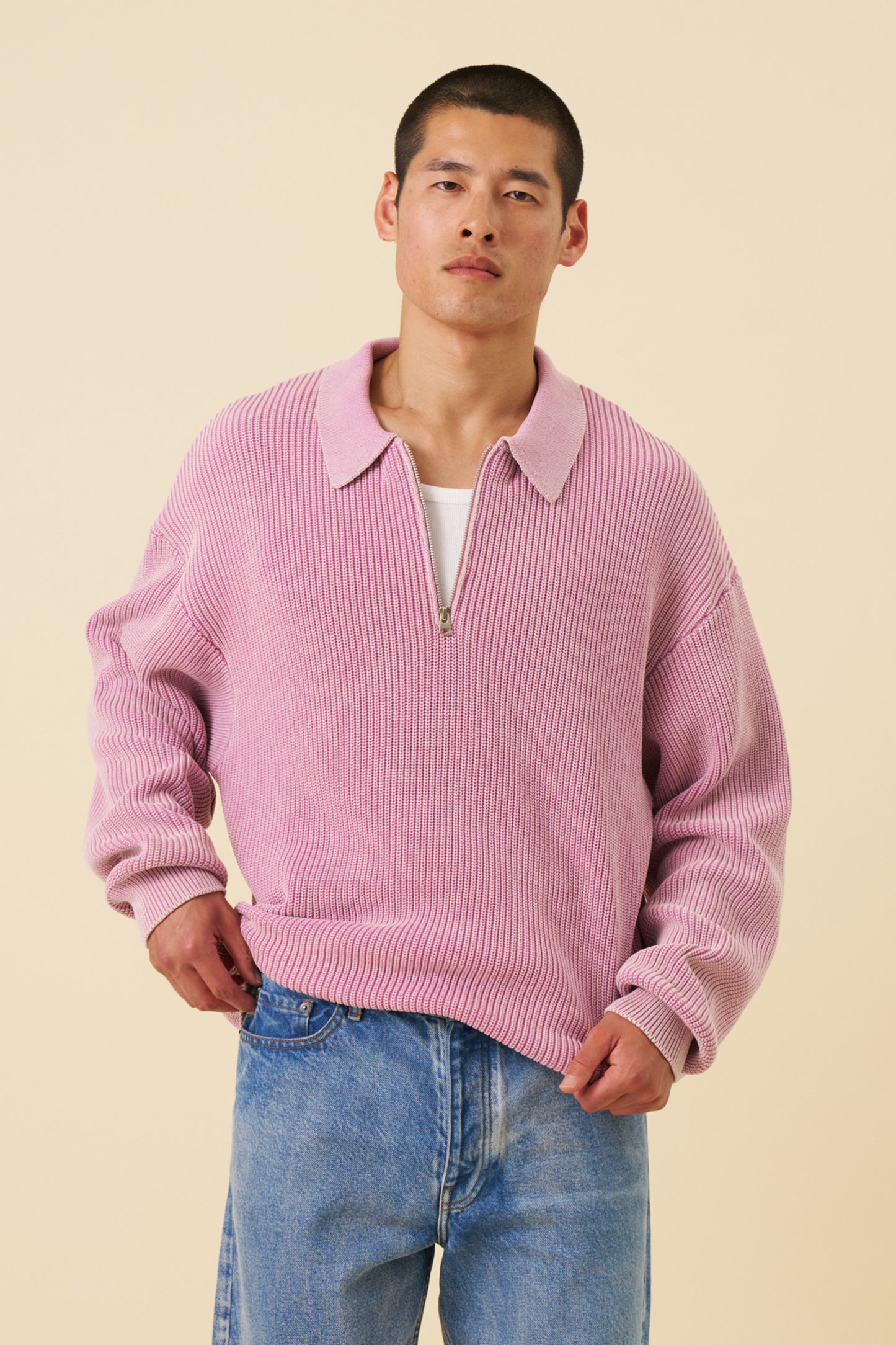 ROSE PINK ACID WASH HALF ZIP KNIT PULLOVER