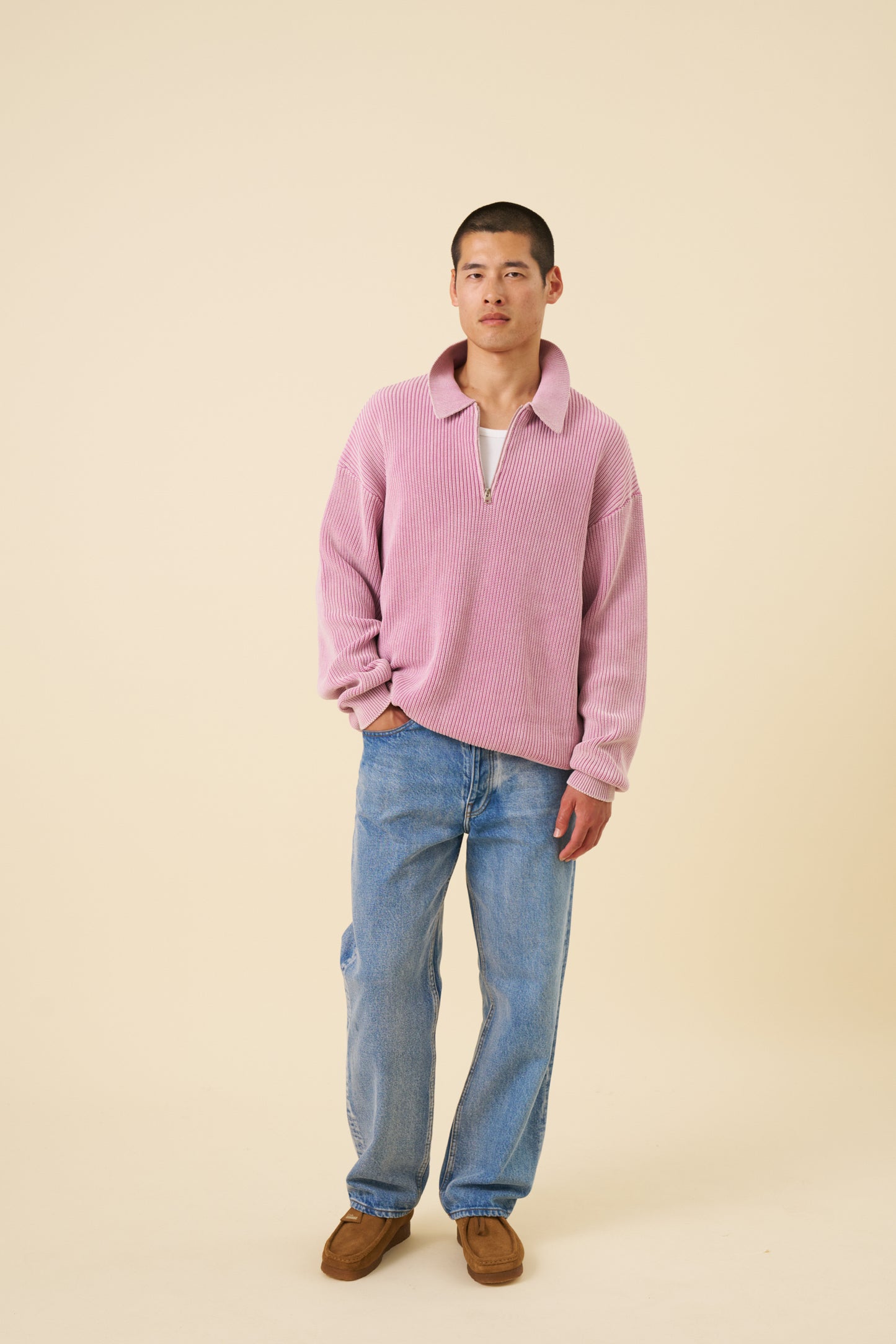 ROSE PINK ACID WASH HALF ZIP KNIT PULLOVER