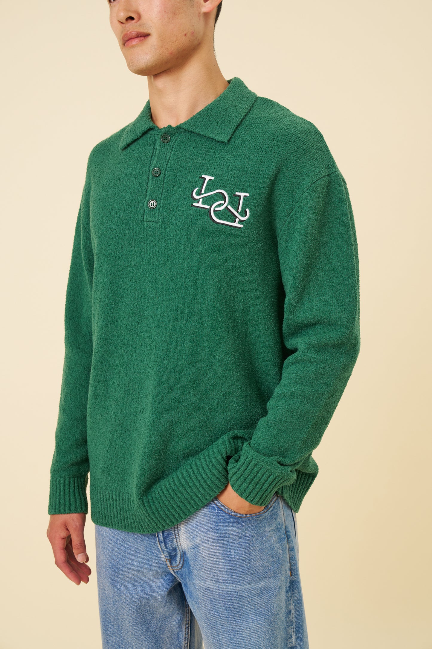 TEXTURED POLO SWEATER - HUNTER GREEN