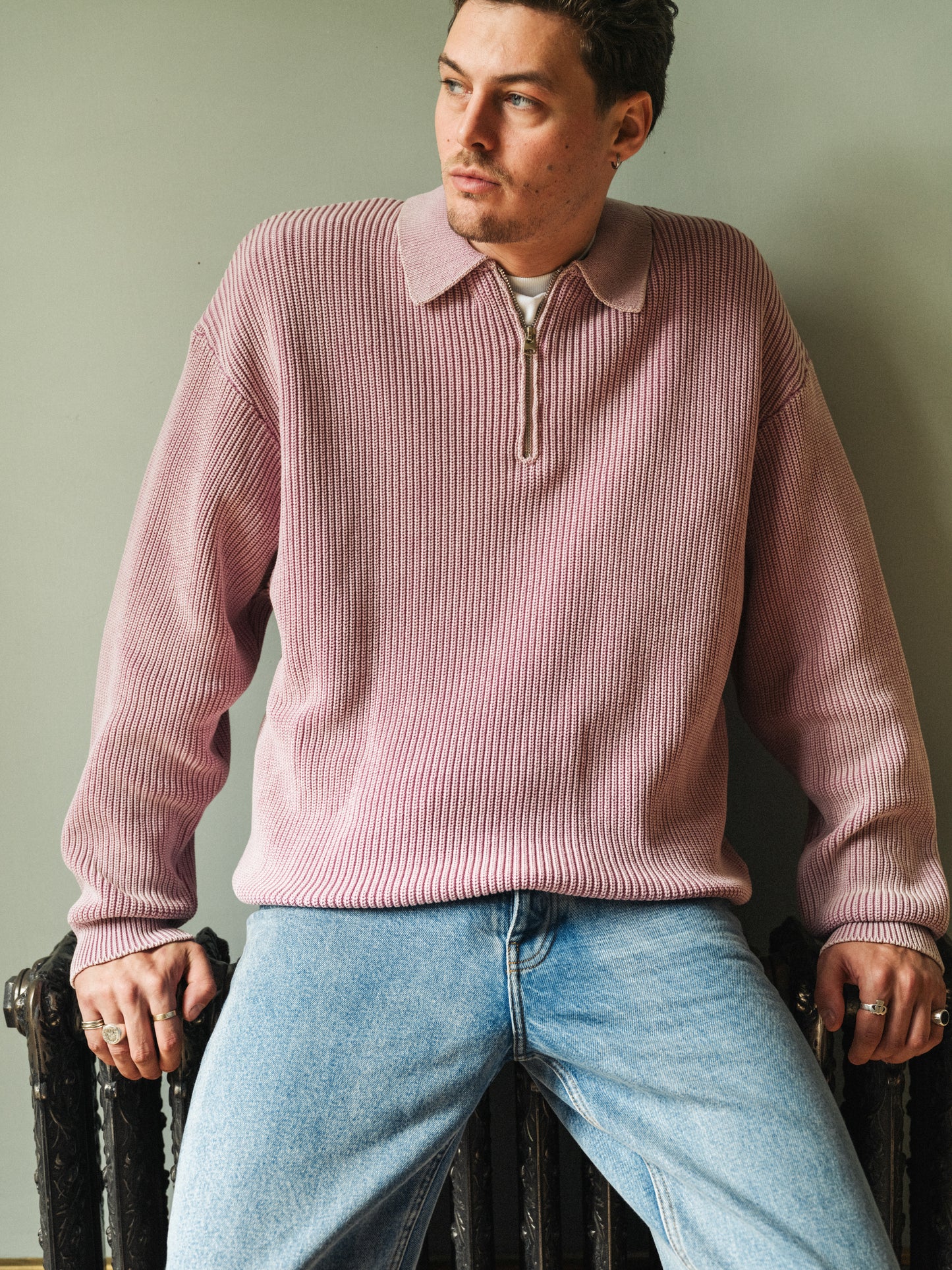 ROSE PINK ACID WASH HALF ZIP KNIT PULLOVER