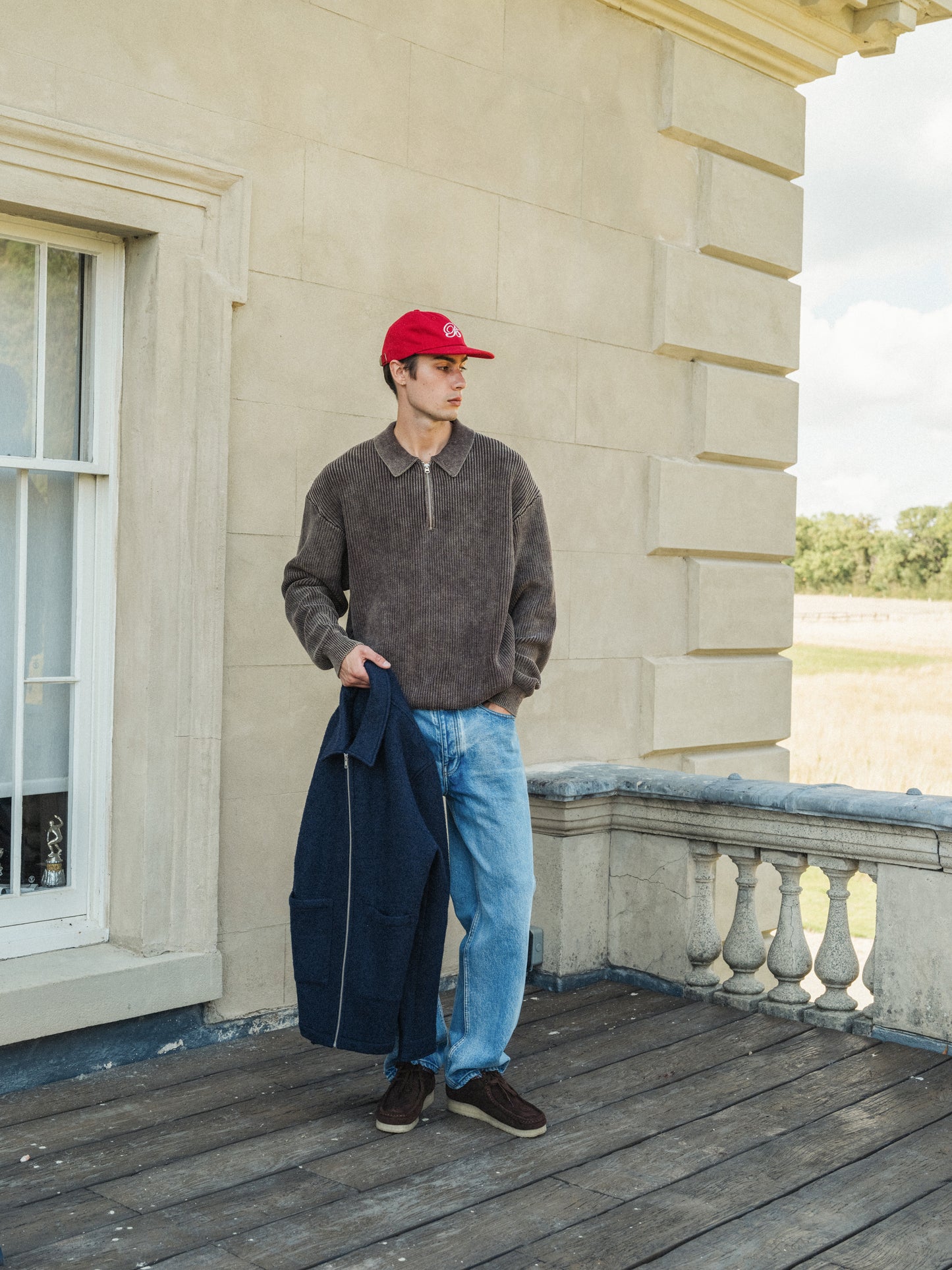 ACID WASH HALF ZIP PULLOVER - BROWN