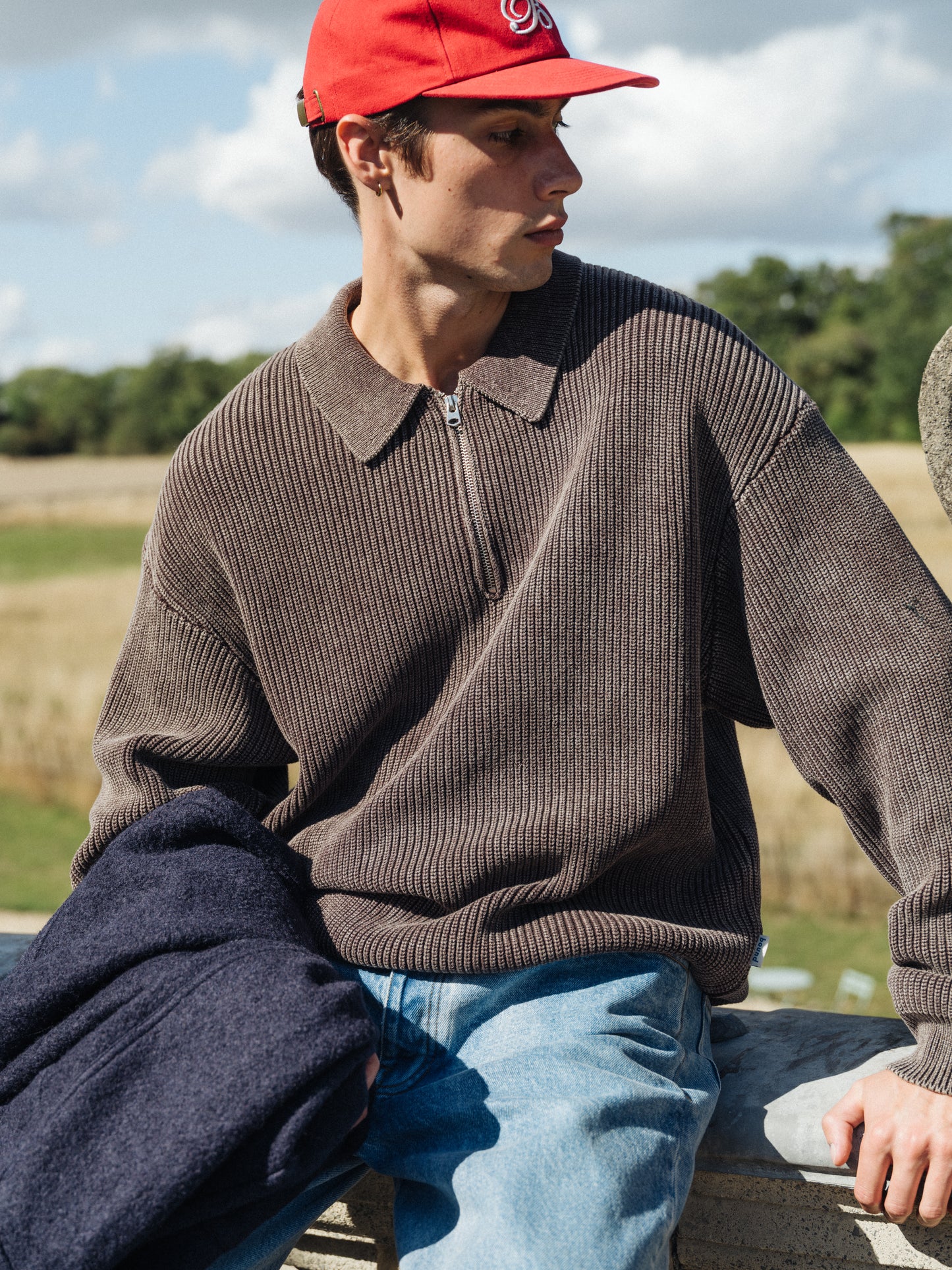 ACID WASH HALF ZIP PULLOVER - BROWN