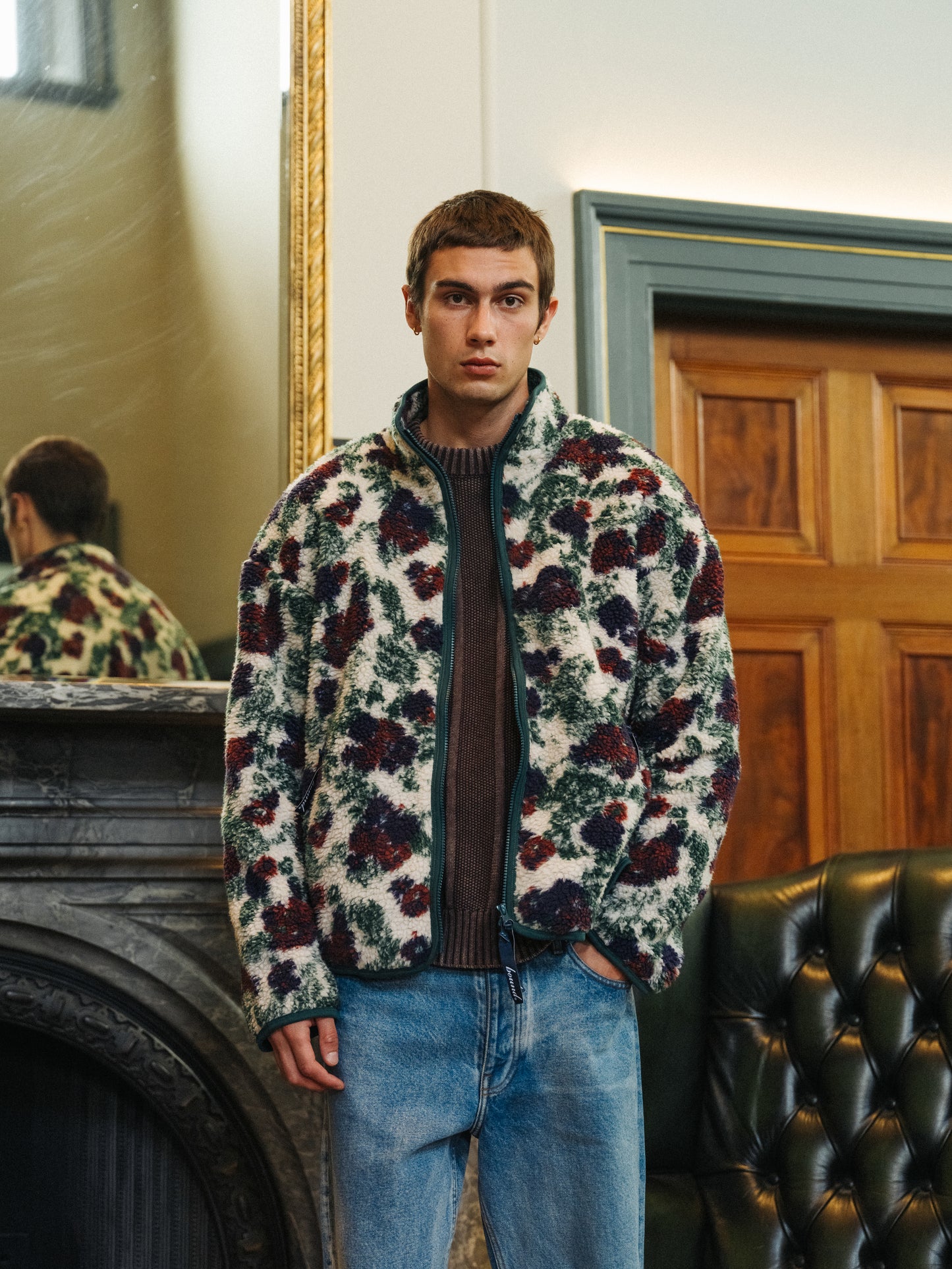 FLORAL FULL ZIP FLEECE - OFF WHITE