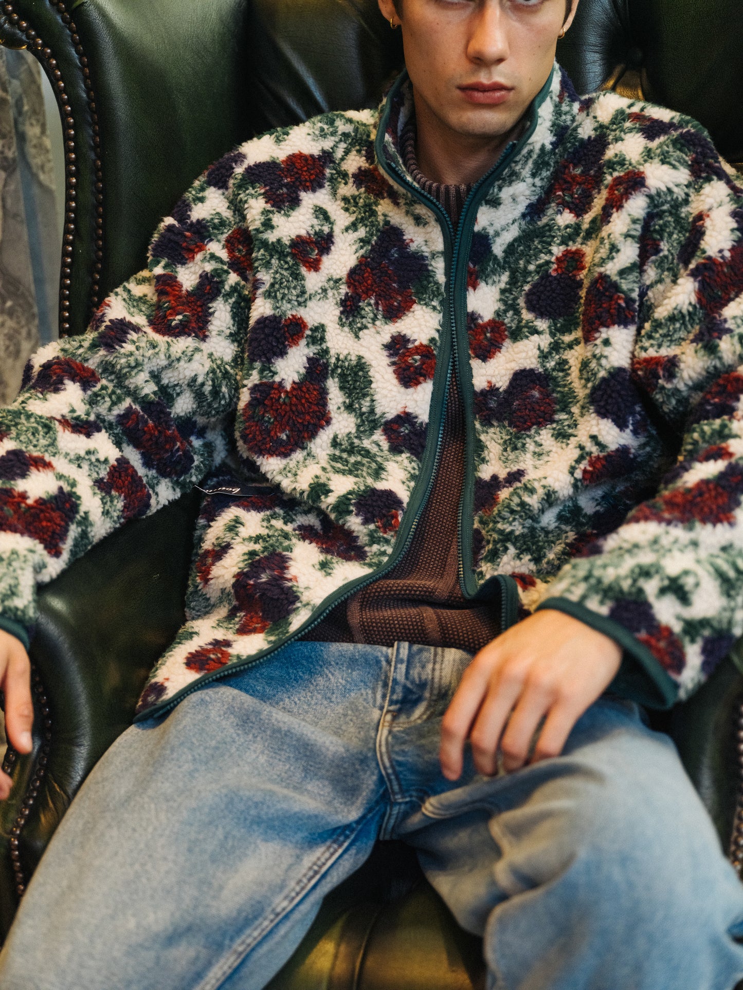 FLORAL FULL ZIP FLEECE - OFF WHITE