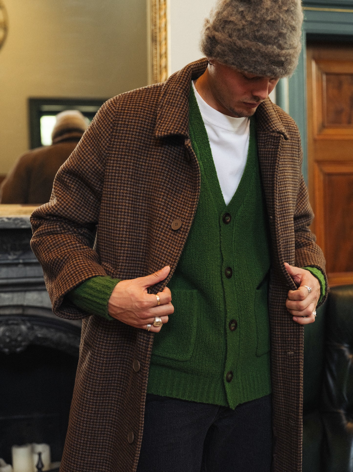 STEWART DOGTOOTH WOOL OVERCOAT