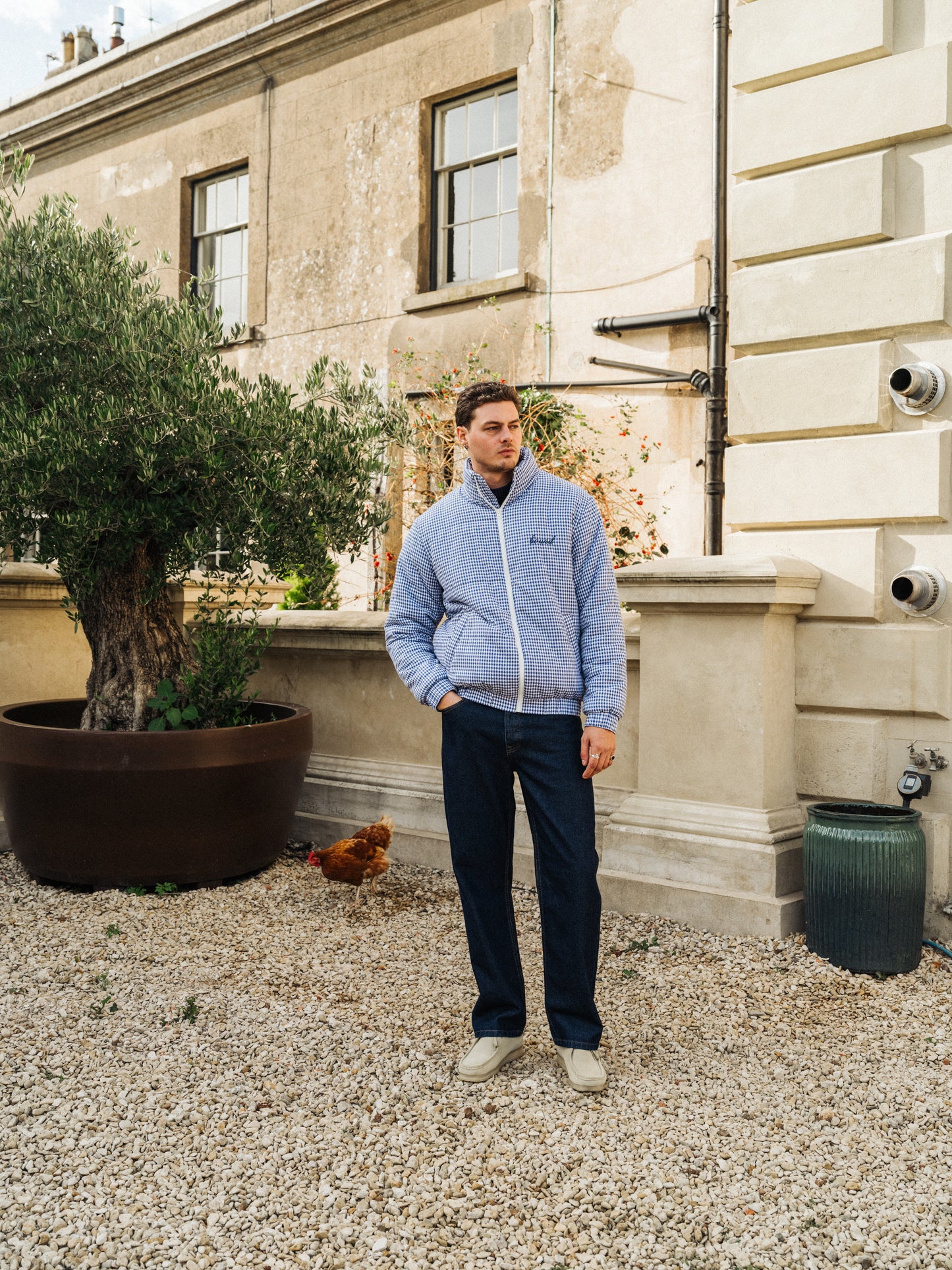 DOGTOOTH GINGHAM BLUE PUFFER COAT