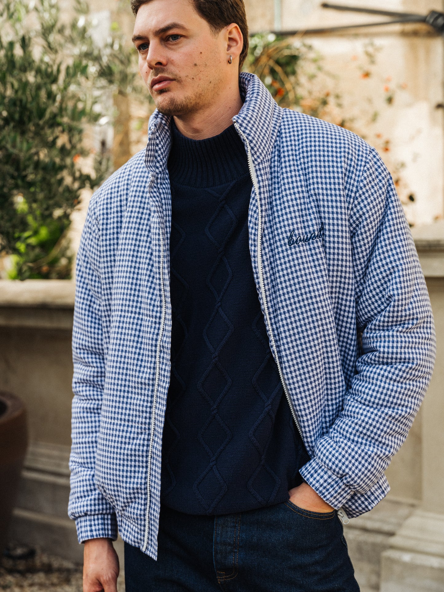 DIAMOND CABLE MOCK NECK KNIT - NAVY