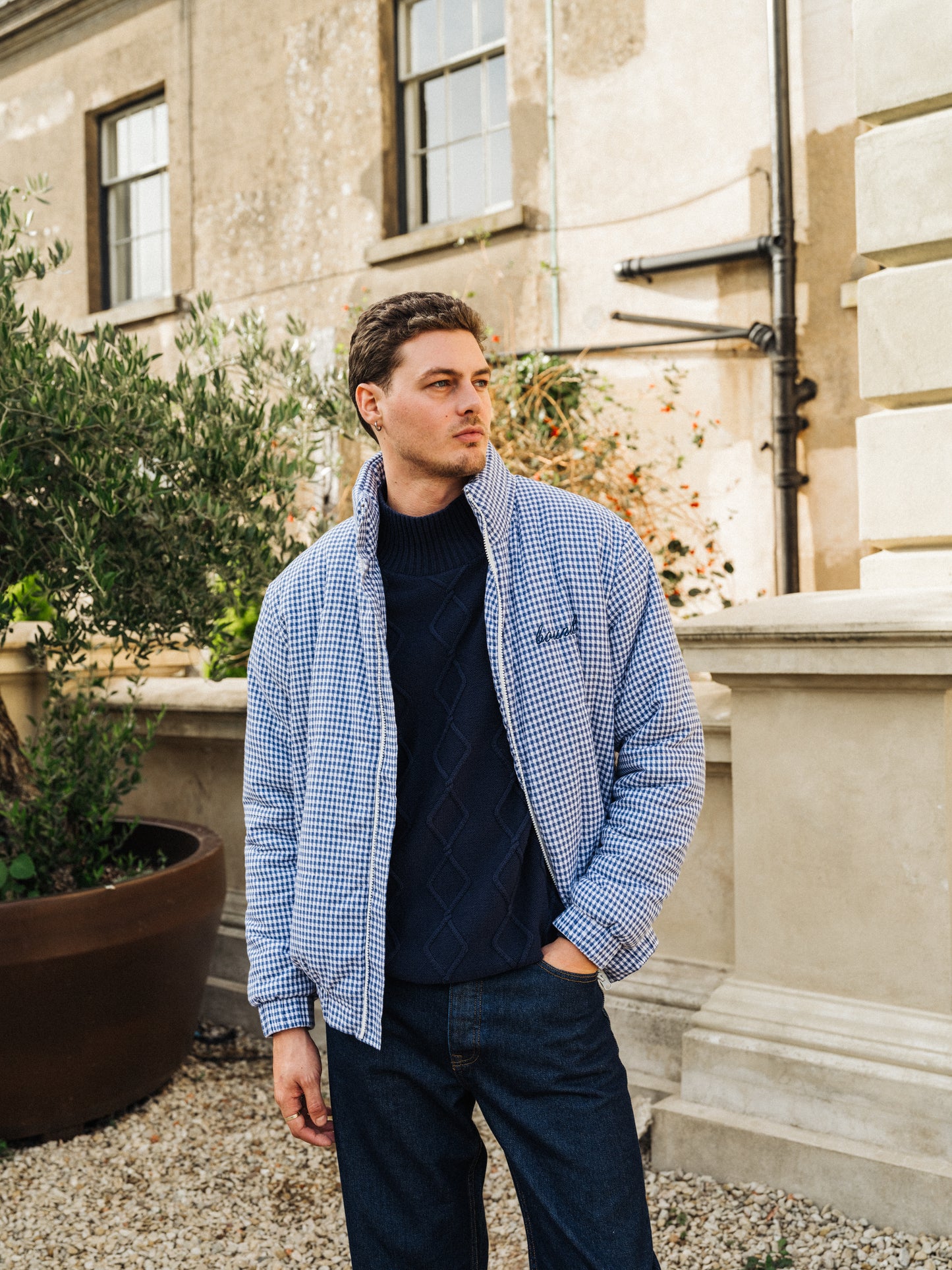 DOGTOOTH GINGHAM BLUE PUFFER COAT