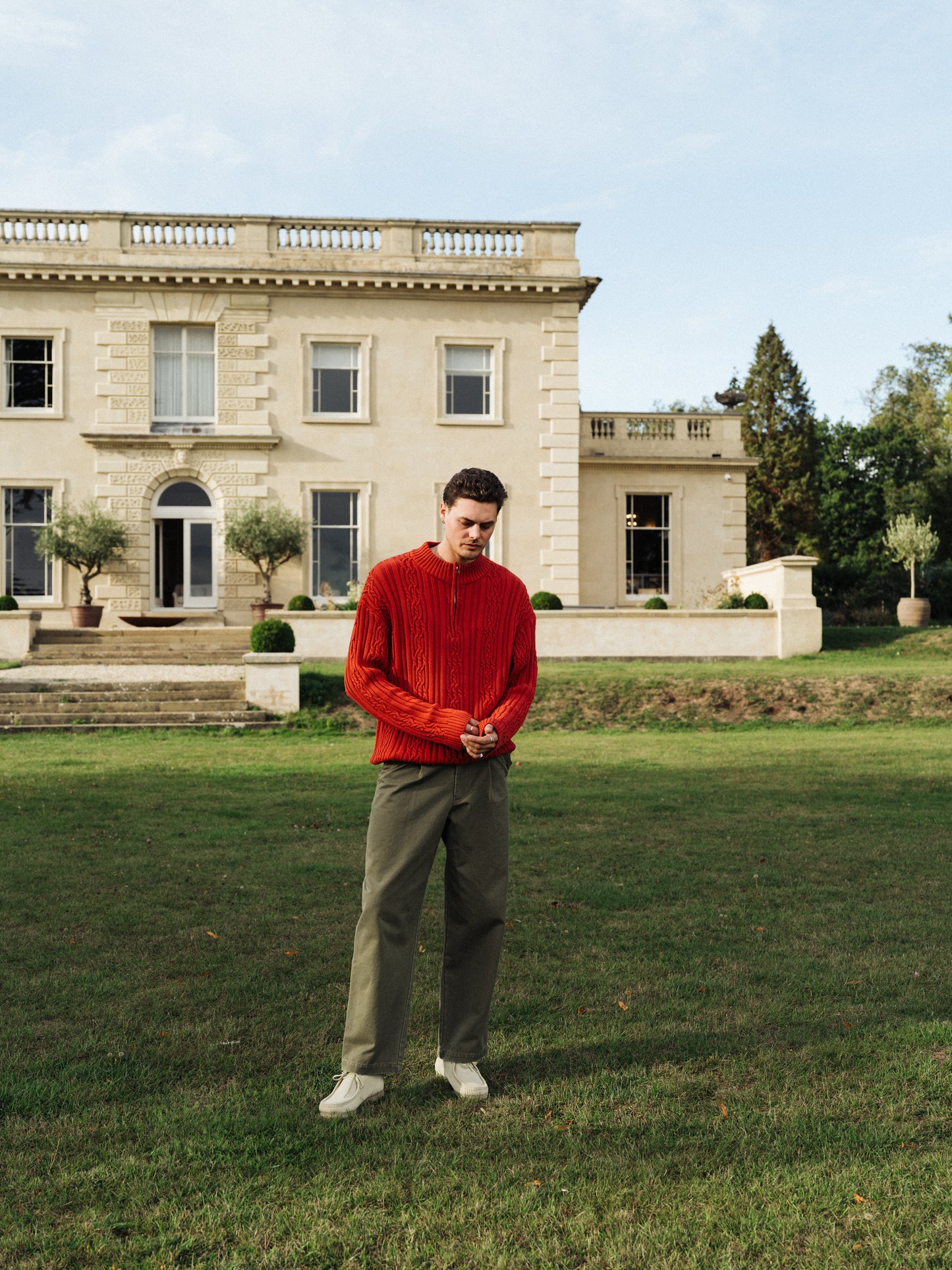 CABLE KNIT HALF ZIP PULLOVER - RUST RED