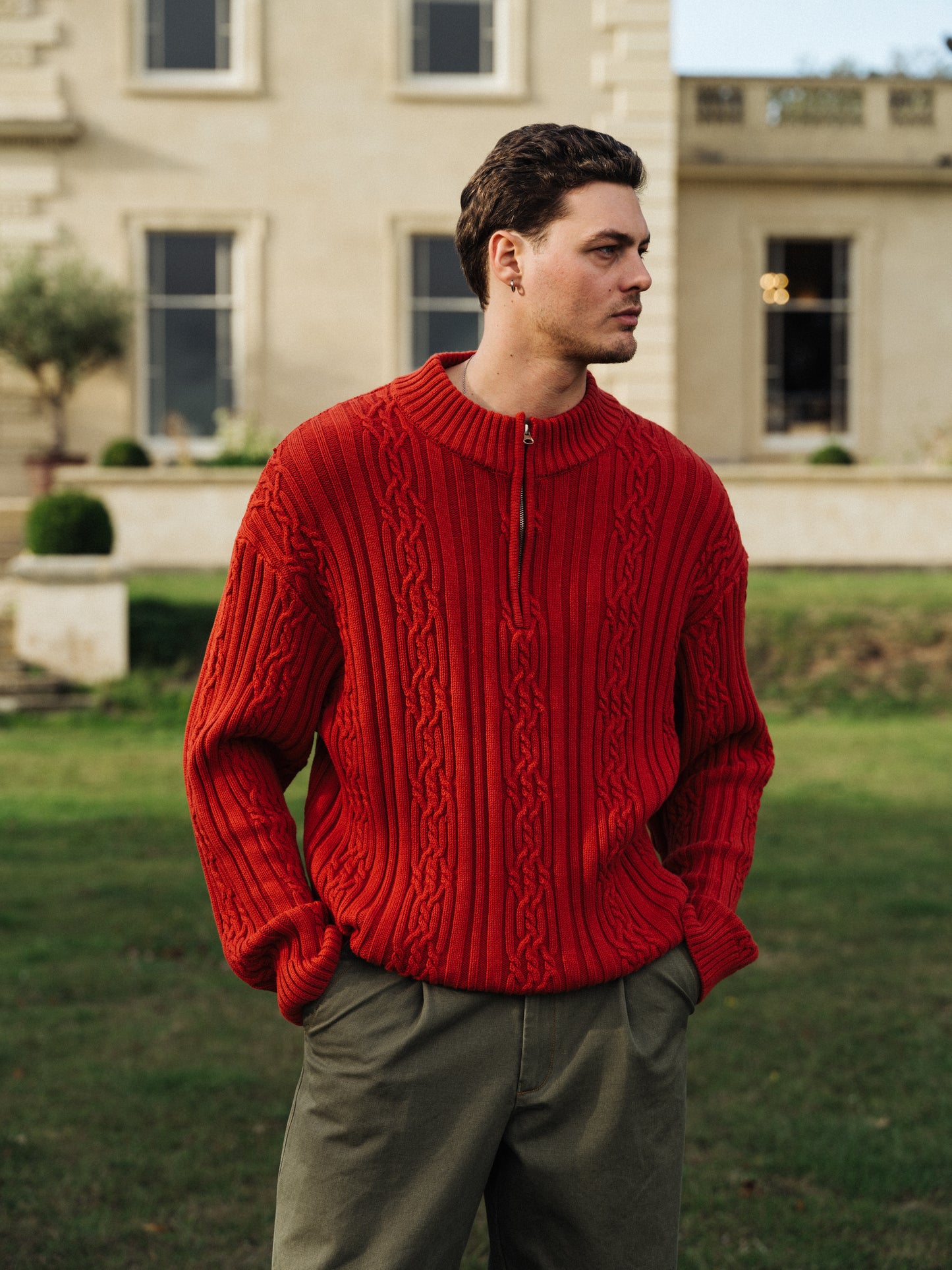 CABLE KNIT HALF ZIP PULLOVER - RUST RED