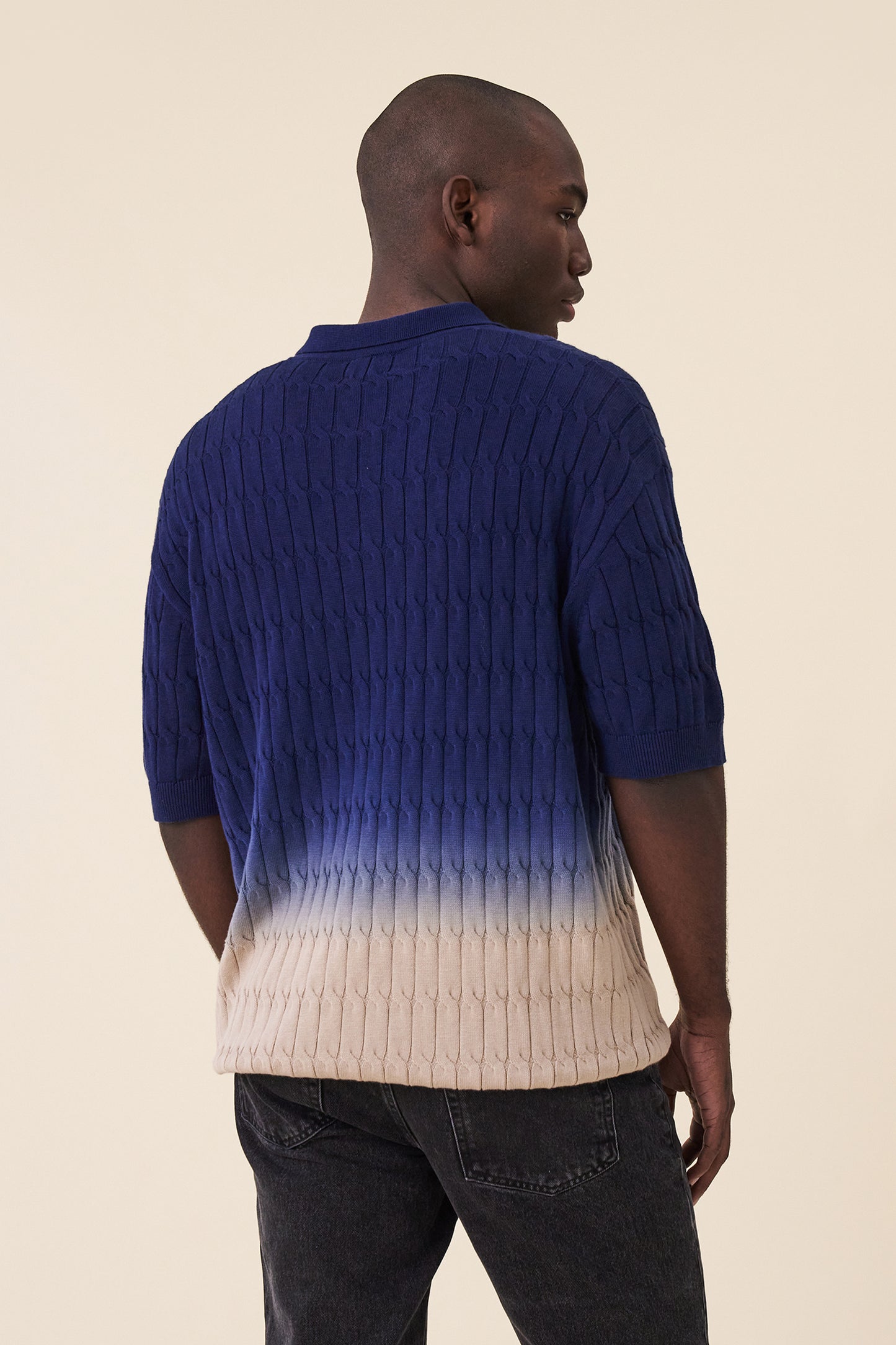 OMBRE CABLE KNIT POLO - NAVY / TAN
