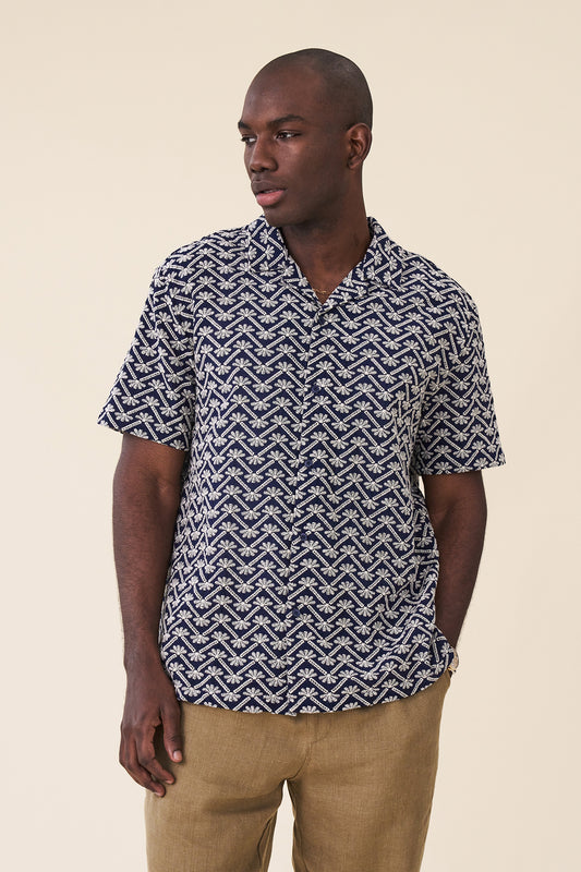 FLORAL EMBROIDERED CUBAN SS SHIRT - NAVY