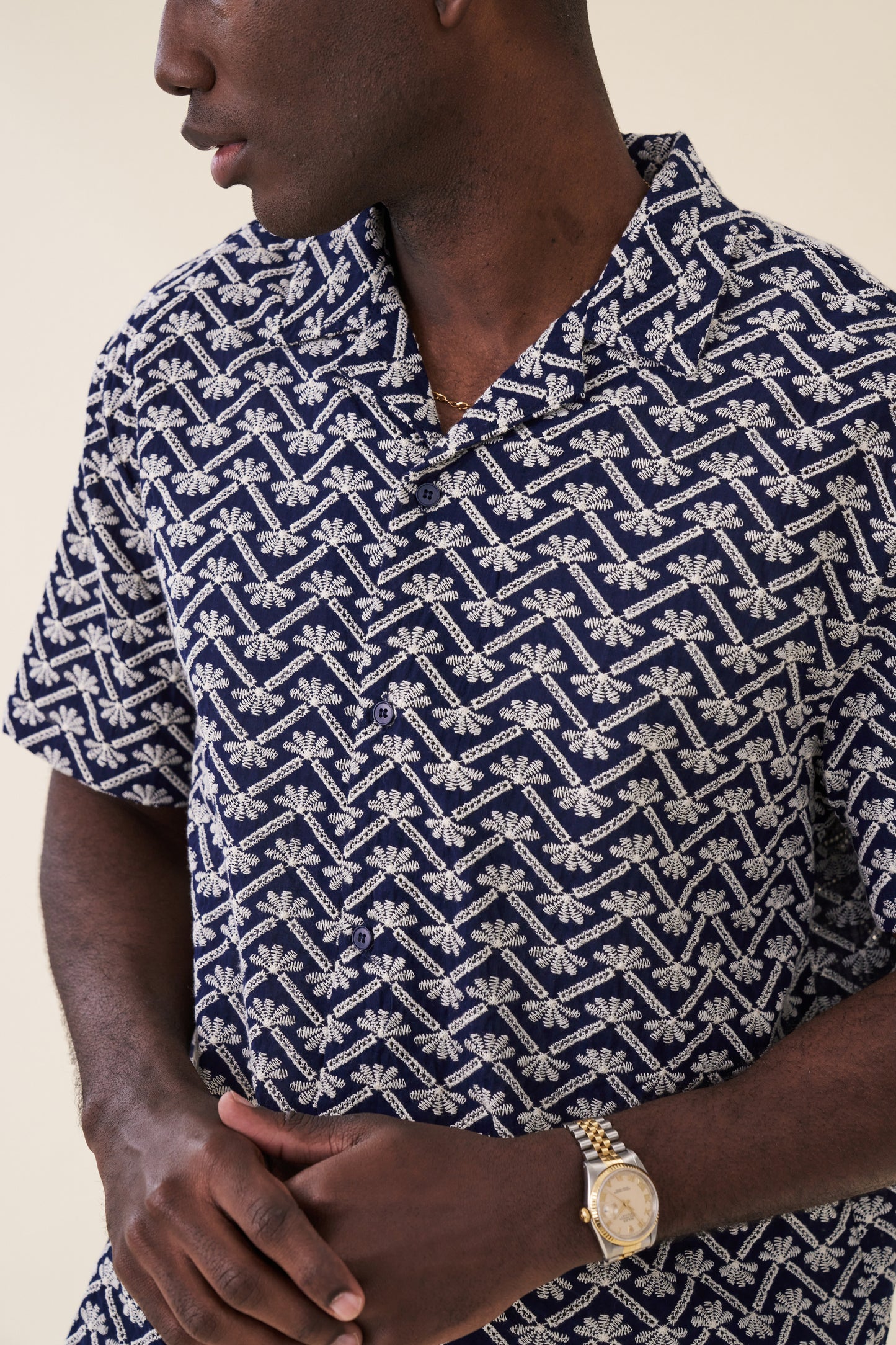 FLORAL EMBROIDERED CUBAN SS SHIRT - NAVY