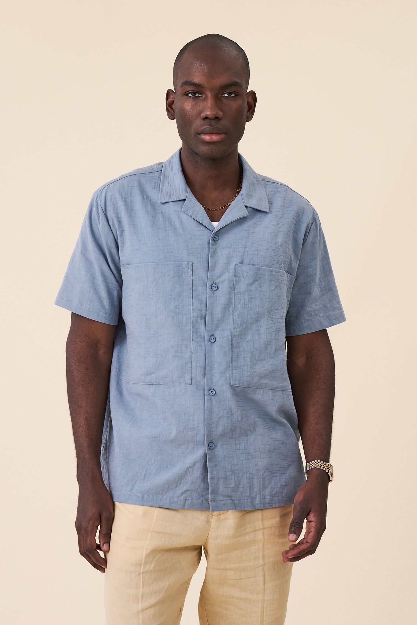 BLUE OVERSIZED TEXTURED COTTON SHIRT