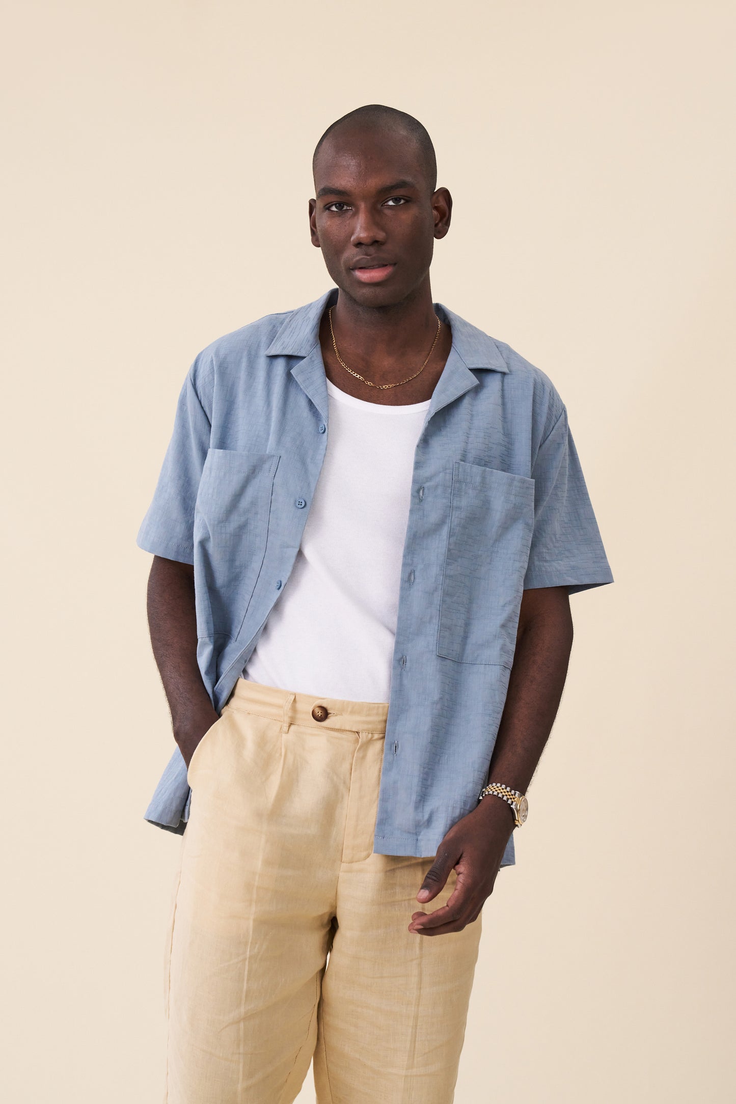 BLUE OVERSIZED TEXTURED COTTON SHIRT