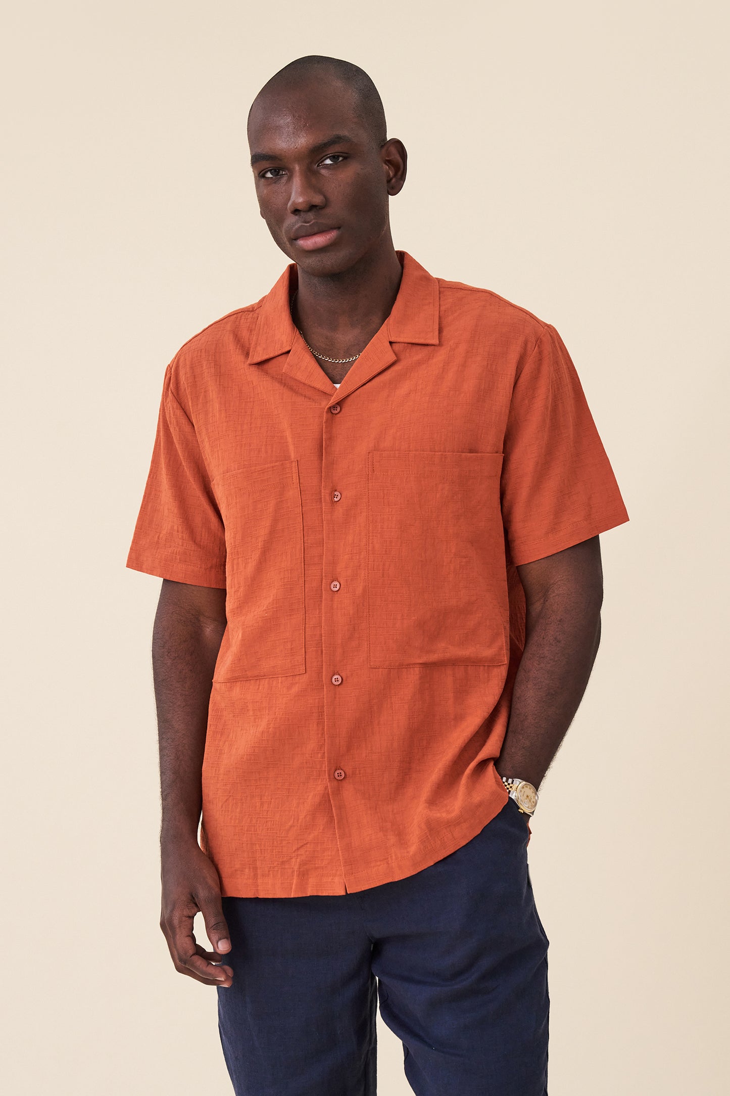 ORANGE OVERSIZED TEXTURED COTTON SHIRT