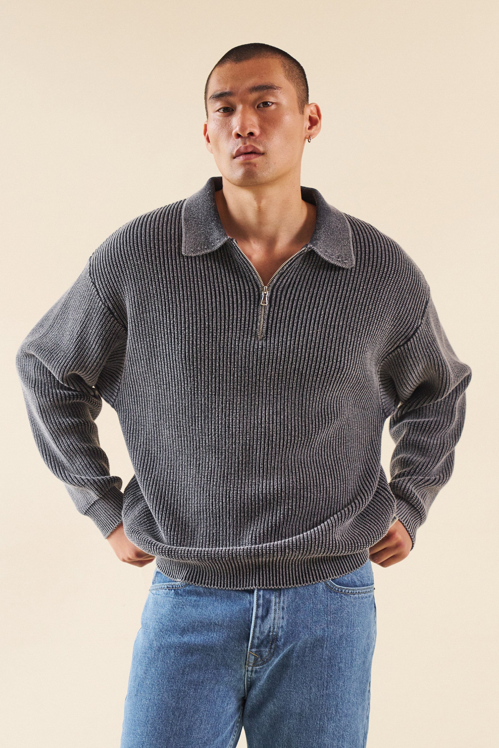 CHARCOAL ACID WASH HALF ZIP KNIT PULLOVER – bound