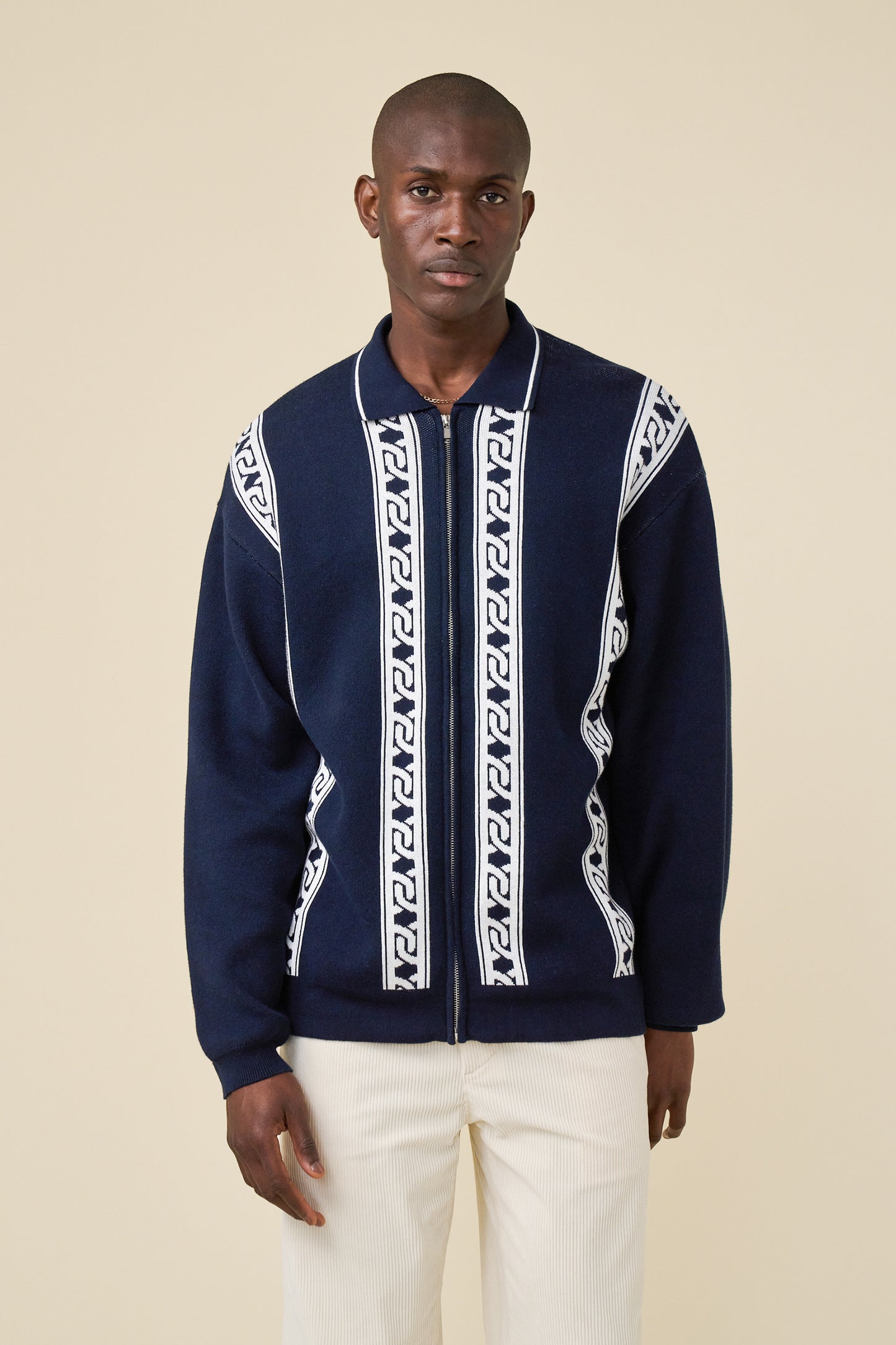 CHAIN FULL ZIP KNIT POLO - NAVY