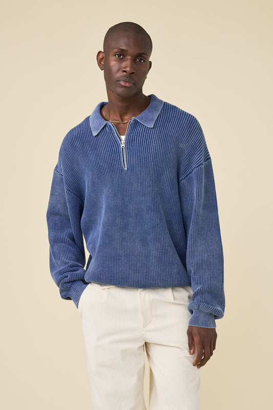 NAVY ACID WASHED HALF ZIP KNIT PULLOVER