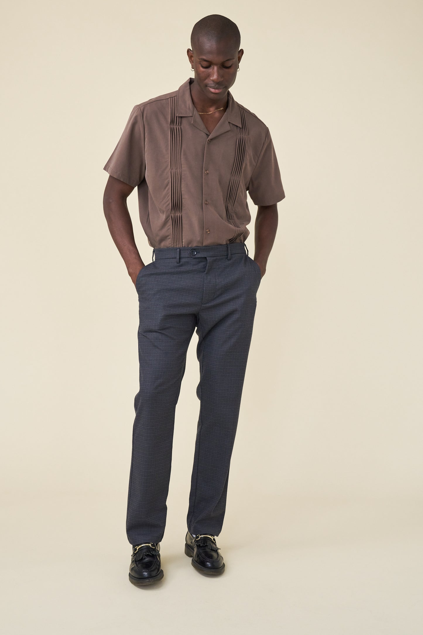 STRIKER PLEATED BOWLING SHIRT - WALNUT TENCEL