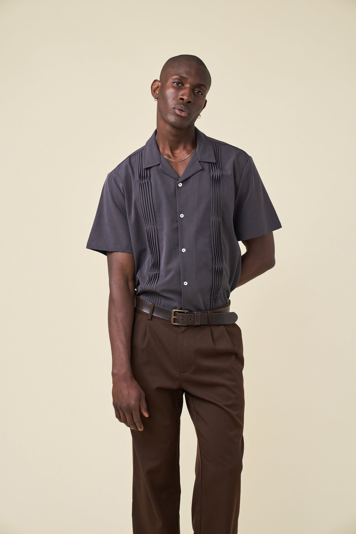 STRIKER PLEATED BOWLING SHIRT - COAL TENCEL