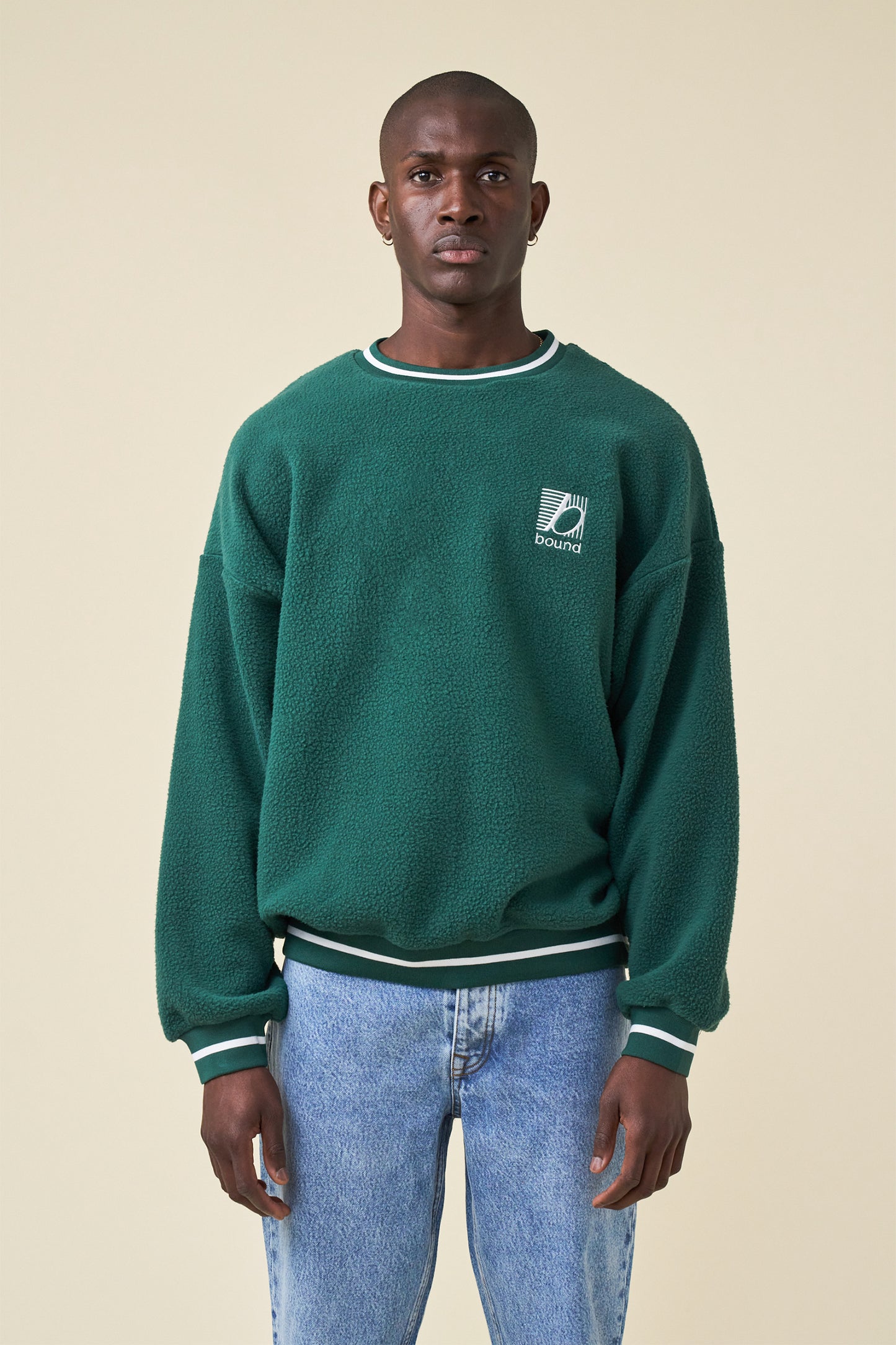 REVERSE FLEECE GRID SWEATER  - BOTTLE GREEN