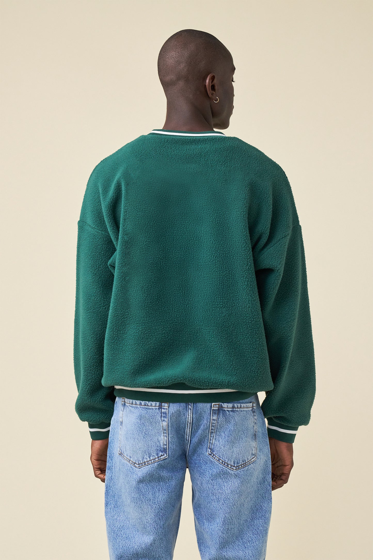 REVERSE FLEECE GRID SWEATER  - BOTTLE GREEN